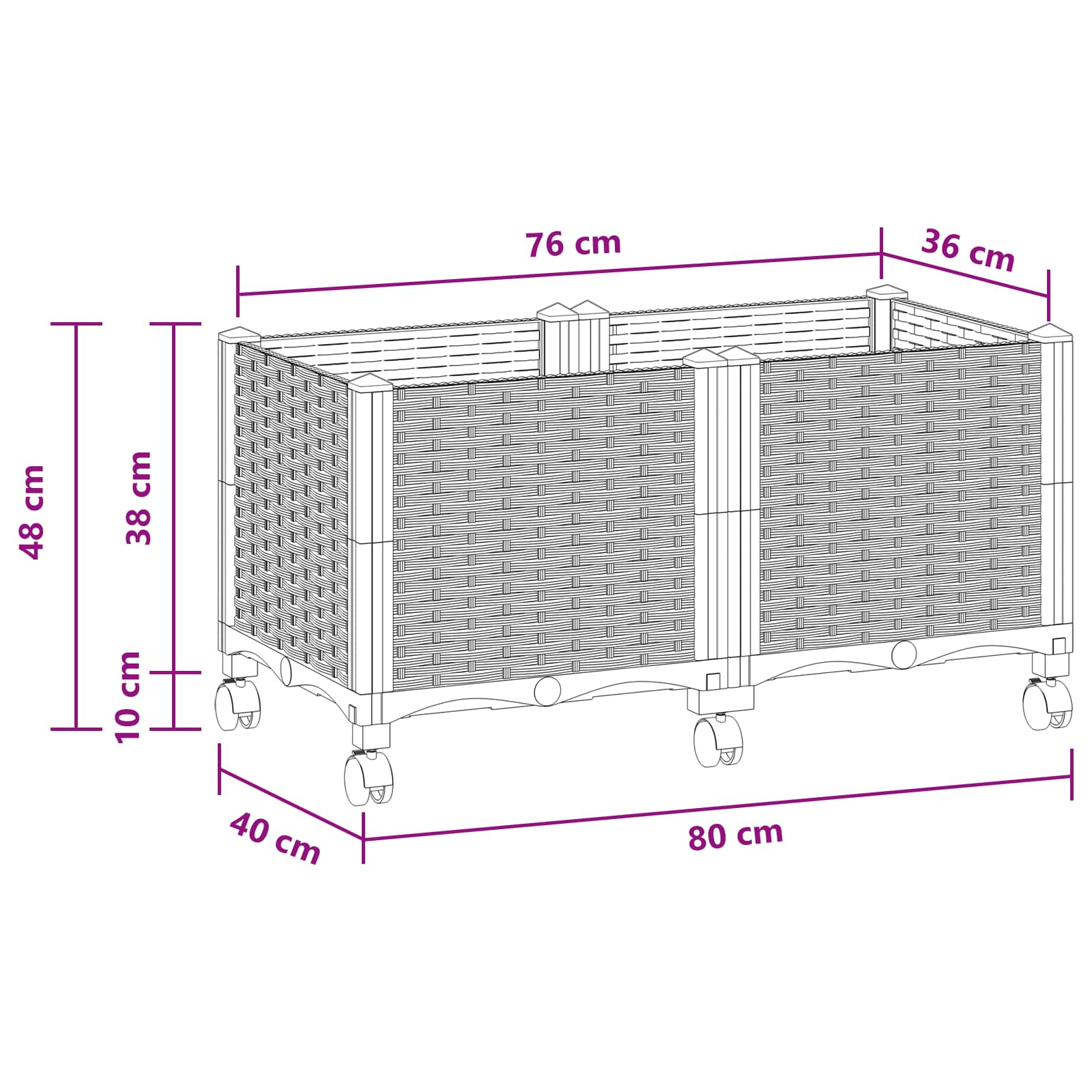 Vrtni cvetlični lonček s kolesi Bela 80 x 40 x 48 cm PP - slika 8