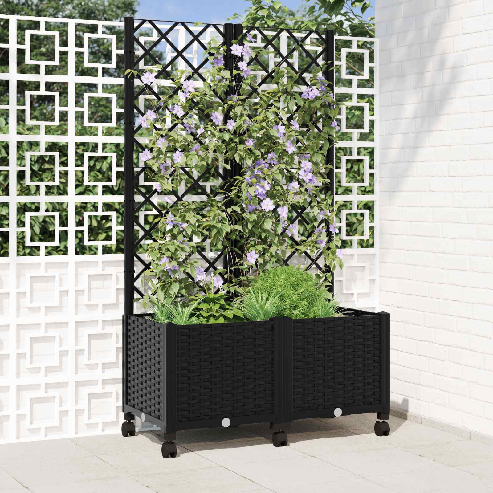 Tuinplantbak met schutting en wielen Zwart 80 x 40 x 146 cm PP image 1