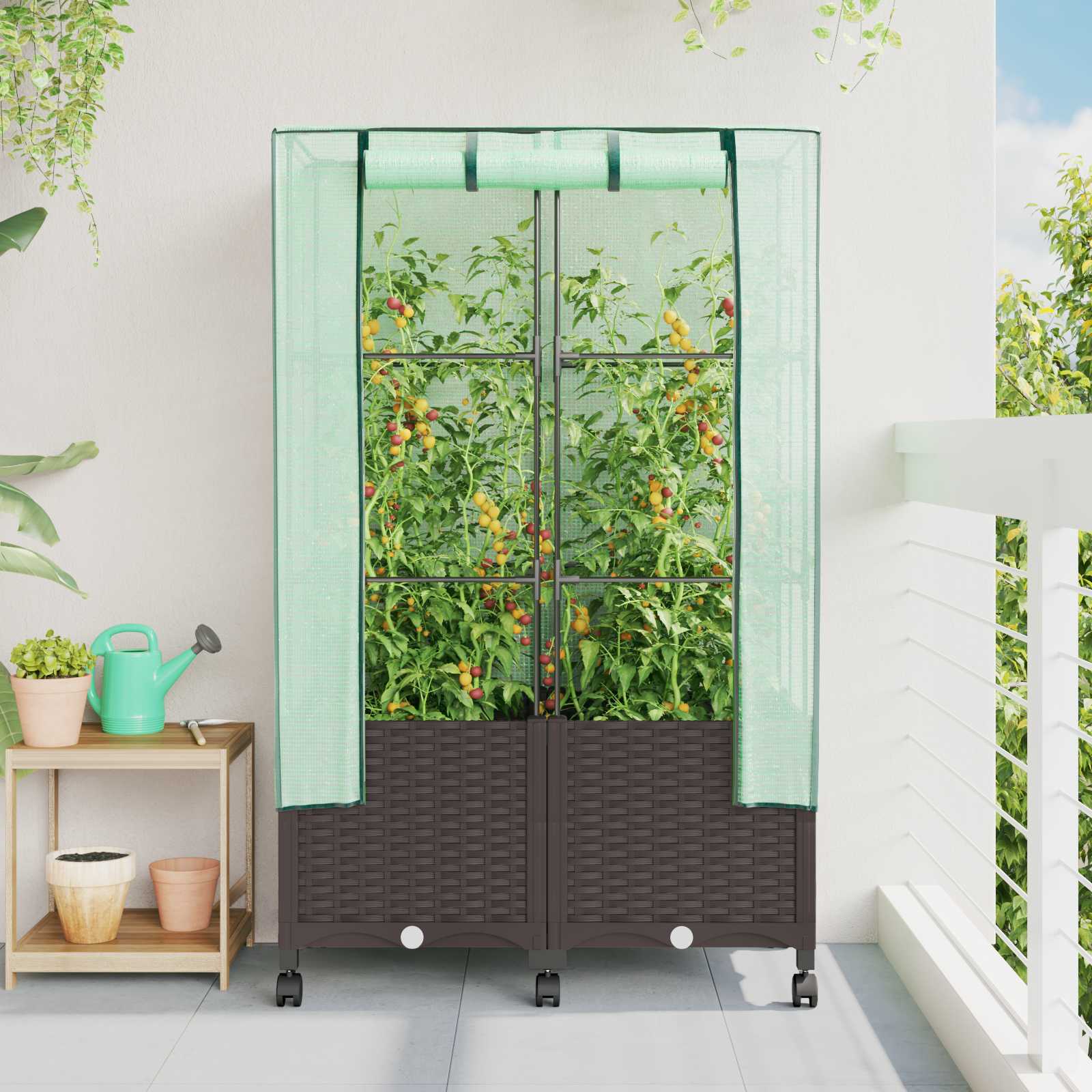 Tuinplantenbak met Kasbedekking en Wielen 2 st Bruin PP image 1