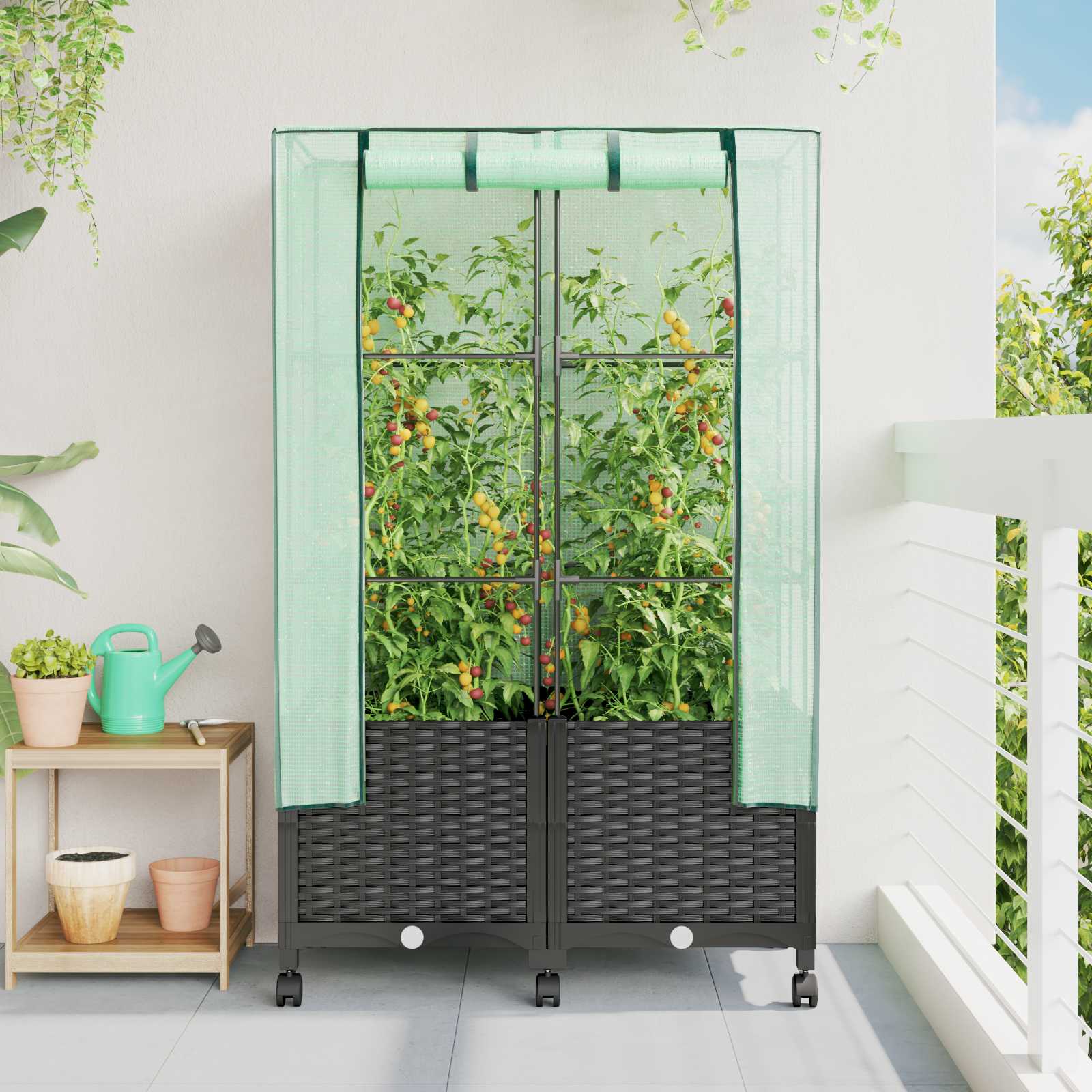 Tuinplantenbak met Kasbedekking en Wielen 2 st Zwart PP image 1