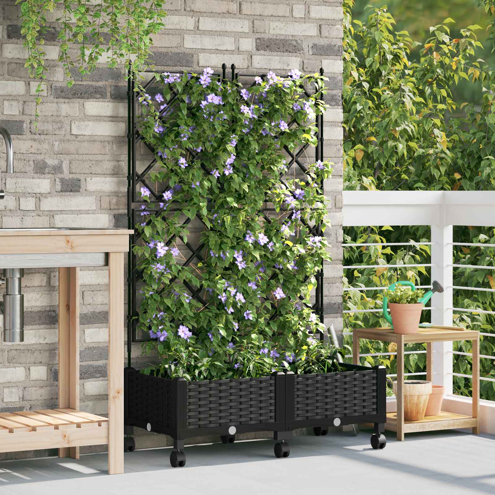 Tuinplantbak met schutting en wielen 2 st Zwart PP image 1