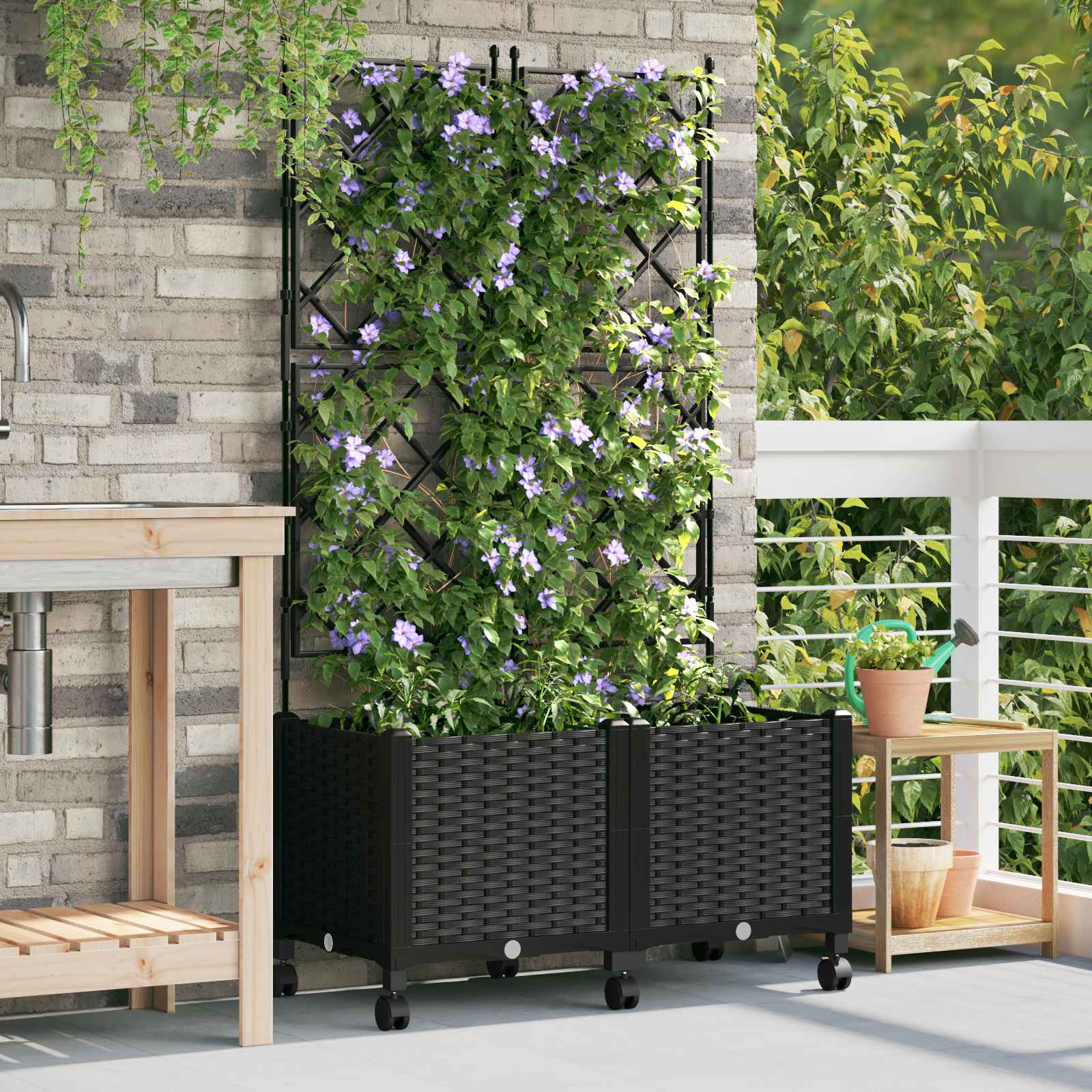 Tuinplantbak met schutting en wielen 2 st Zwart PP image 1
