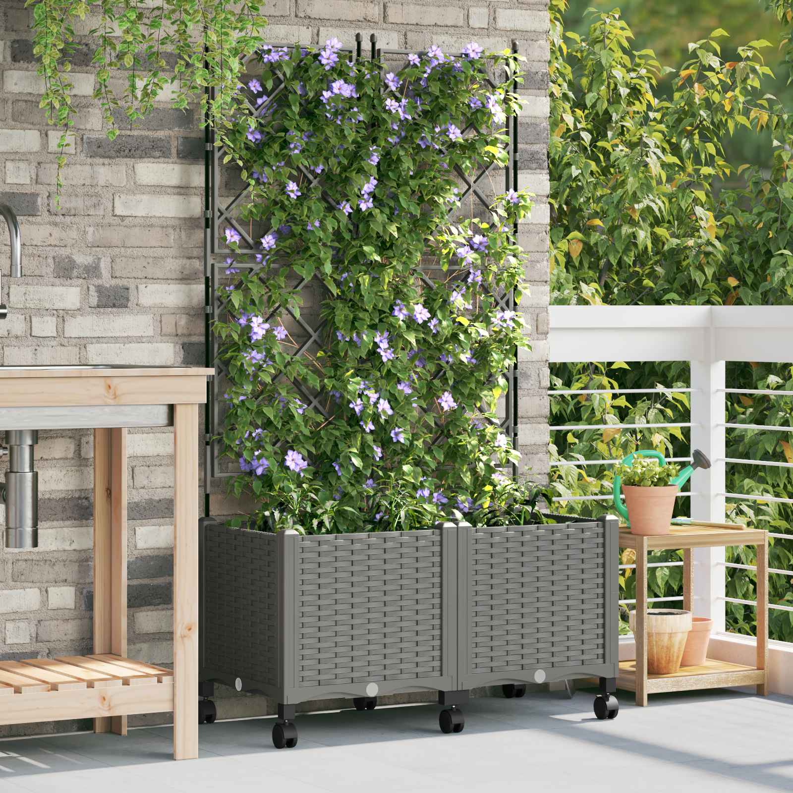 Tuinplantbak met schutting en wielen 2 st Lichtgrijs PP image 1
