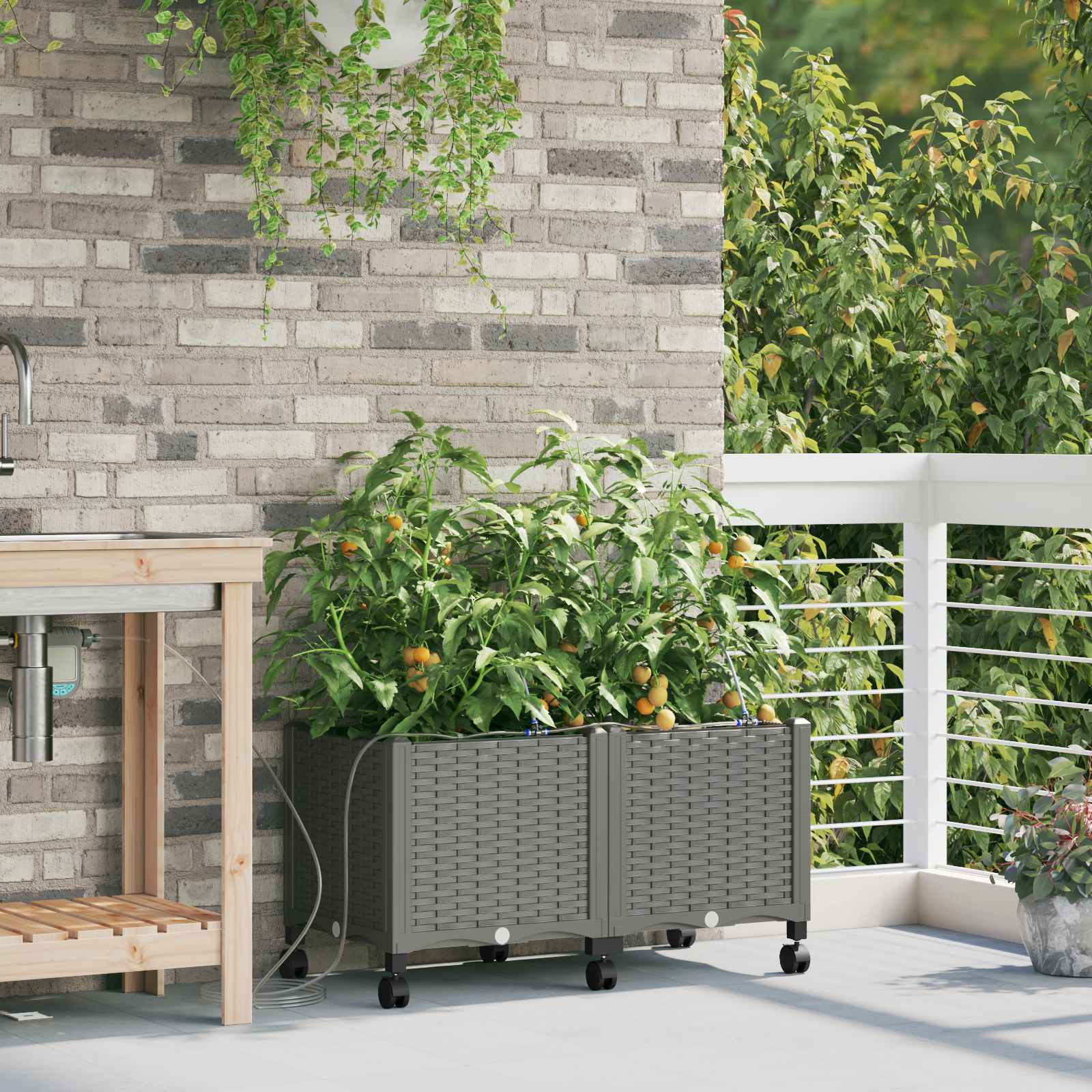 Tuin Pot met Irrigatie en Wielen 2 st Lichtgrijs PP image 1