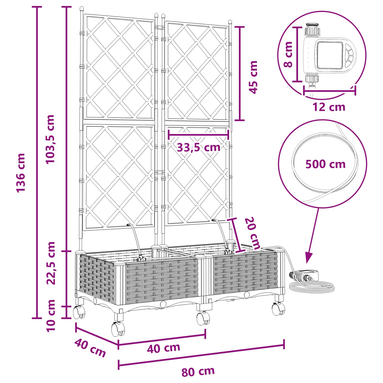 Tuin Pot met Irrigatie en Wielen 2 st Wit 80 x 40 x 132 cm PP image 8