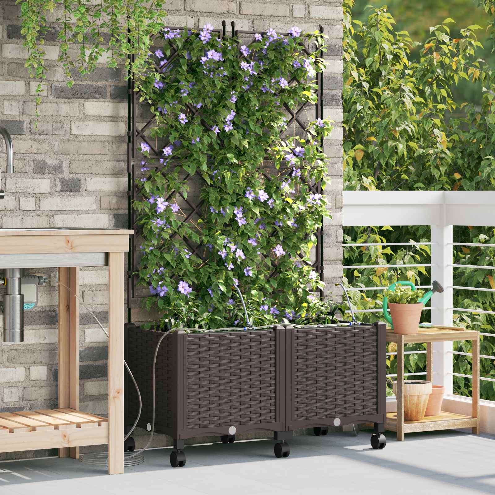 Tuin Pot met Irrigatie en Wielen 2 st Bruin 80 x 40 x 148 cm PP image 1
