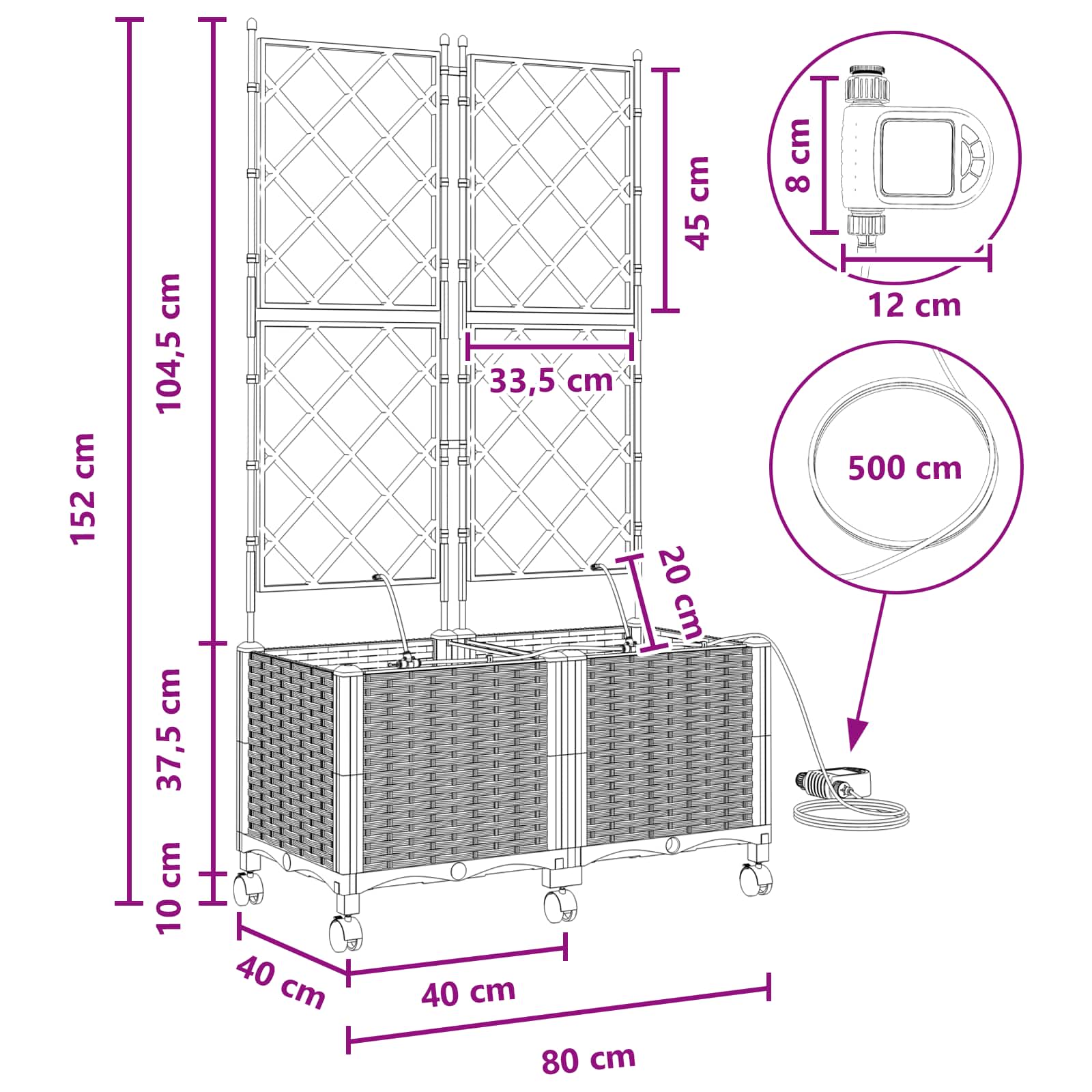 Tuin Pot met Irrigatie en Wielen 2 st Grijs 80 x 40 x 148 cm PP image 8