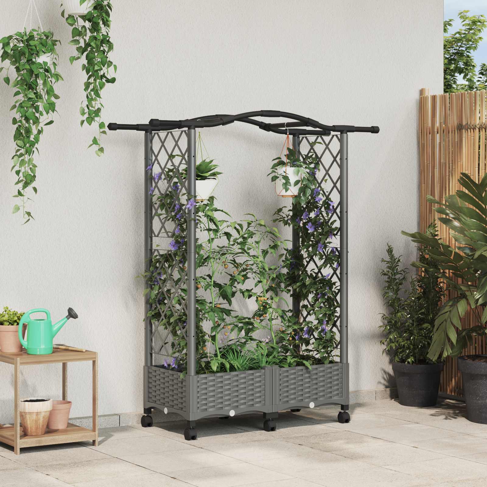 Verhoogd Bed met Trellis en Dak Lichtgrijs 124 x 40 x 129 cm PP image 1