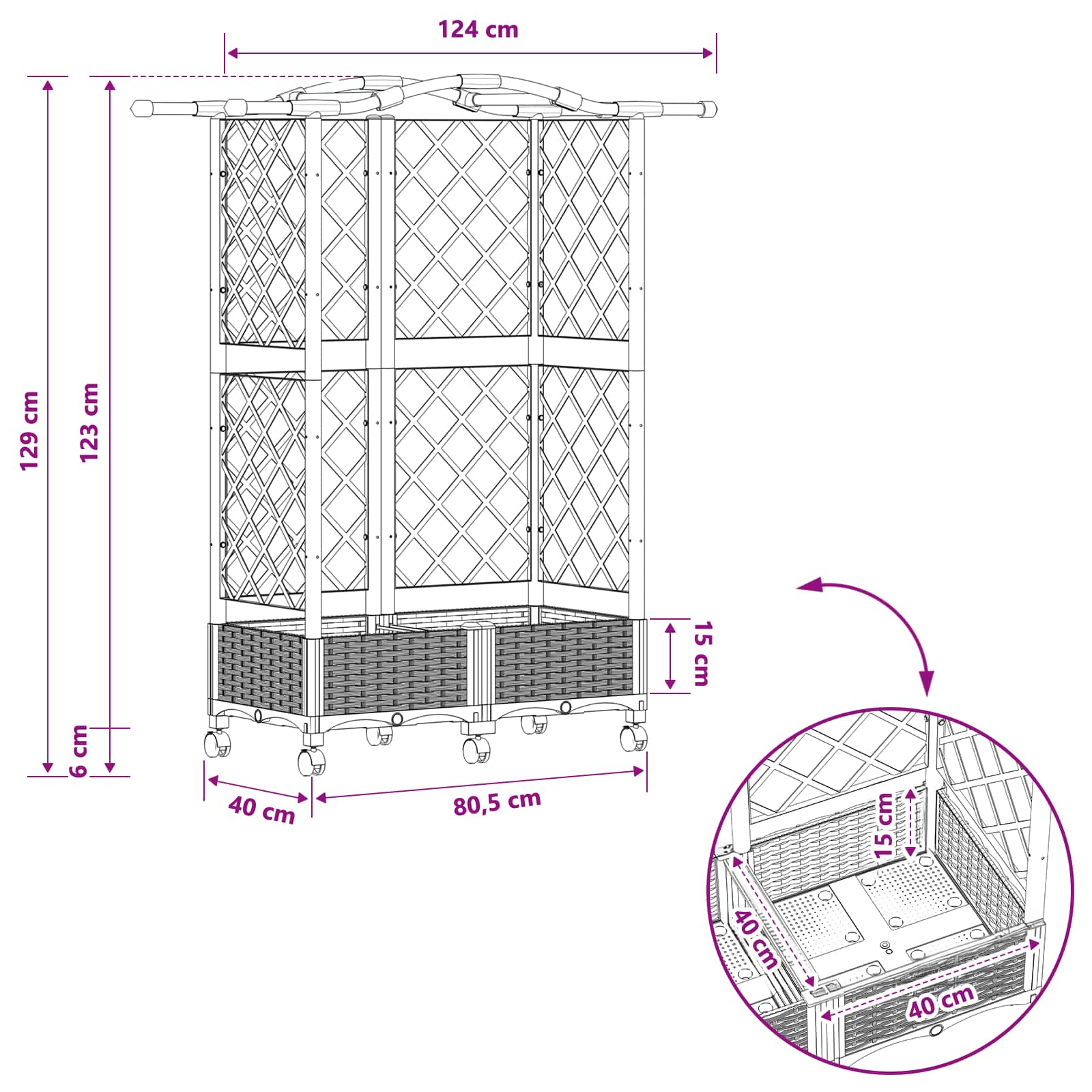 Verhoogd Bed met Trellis en Dak Zwart 124 x 40 x 129 cm PP image 9