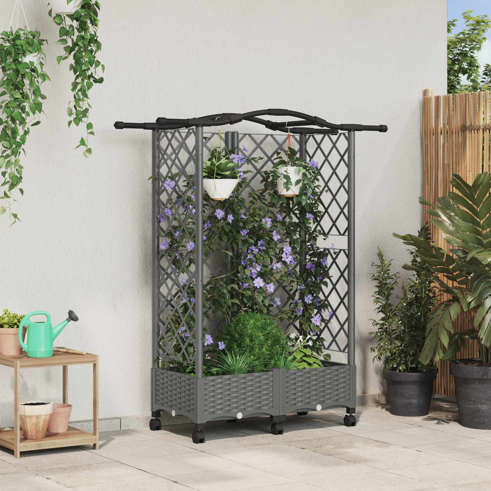 Verhoogd Bed met Trellis en Dak Lichtgrijs 124 x 40 x 129 cm PP image 1
