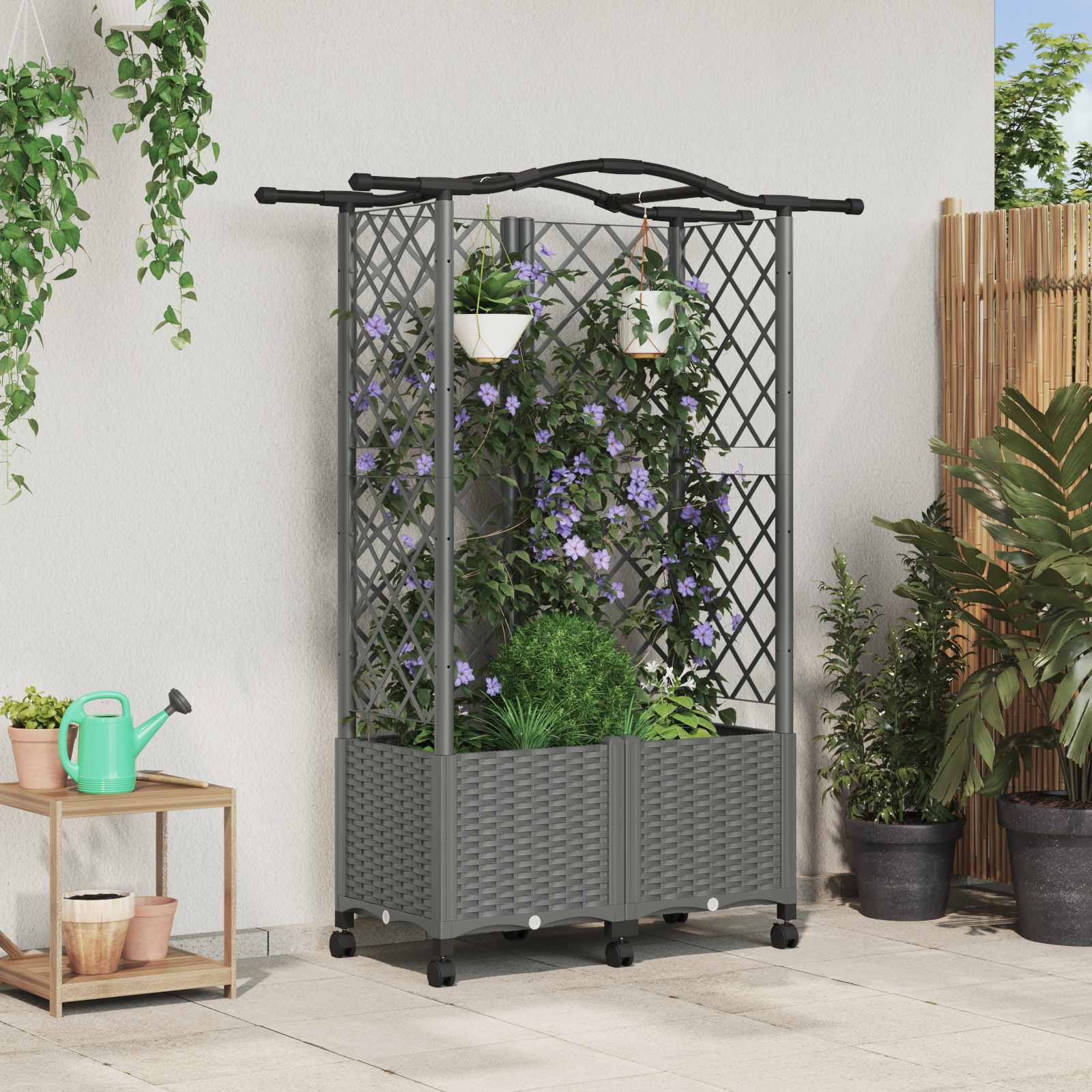 Verhoogd Bed met Trellis en Dak Lichtgrijs 122 x 40 x 144 cm PP image 1