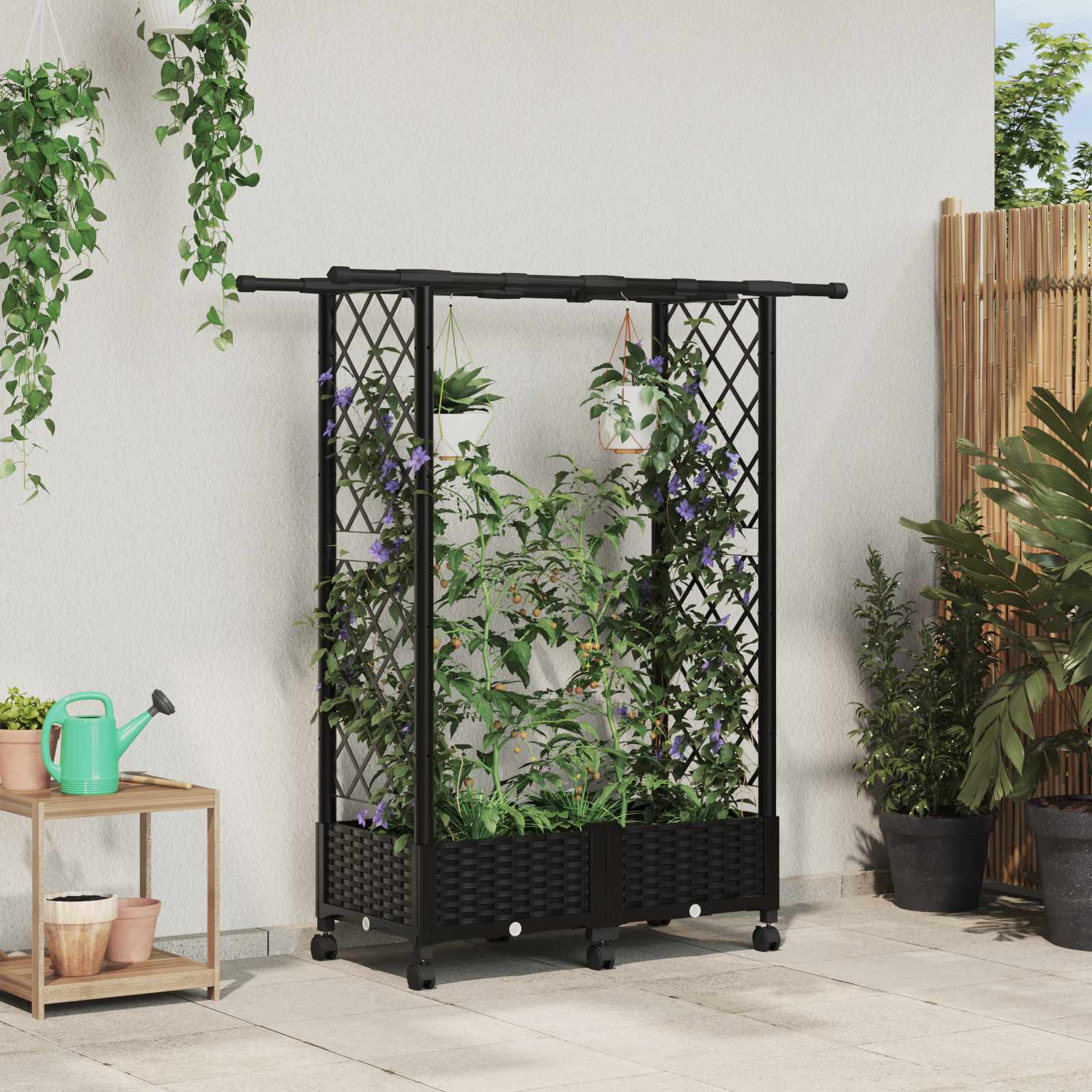 vidaXL Pat Ridicat cu Trellis și Acoperiș Negru 122,5 x 40 x 127 cm PP