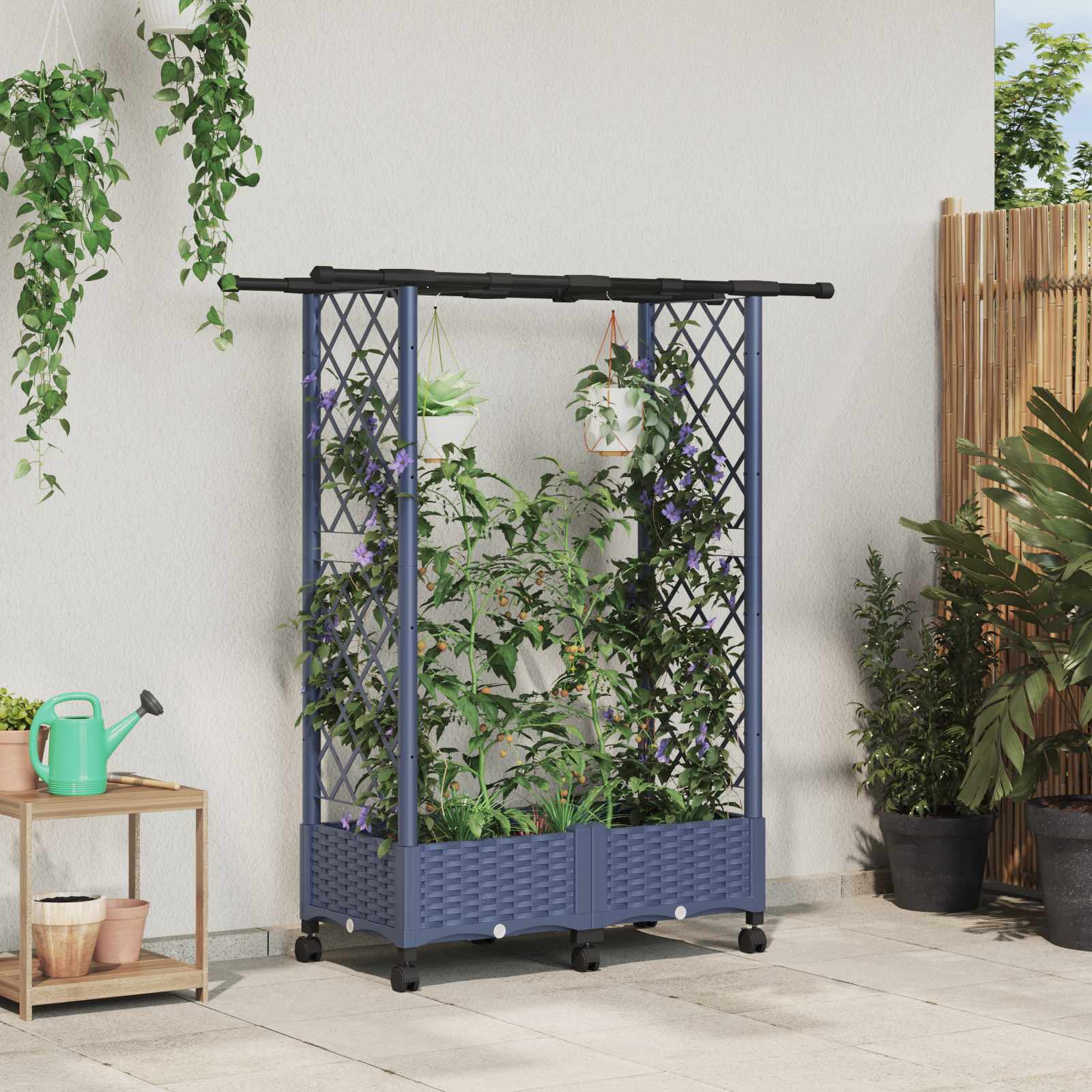 vidaXL Pat Ridicat cu Trellis și Acoperiș Gri 122,5 x 40 x 127 cm PP