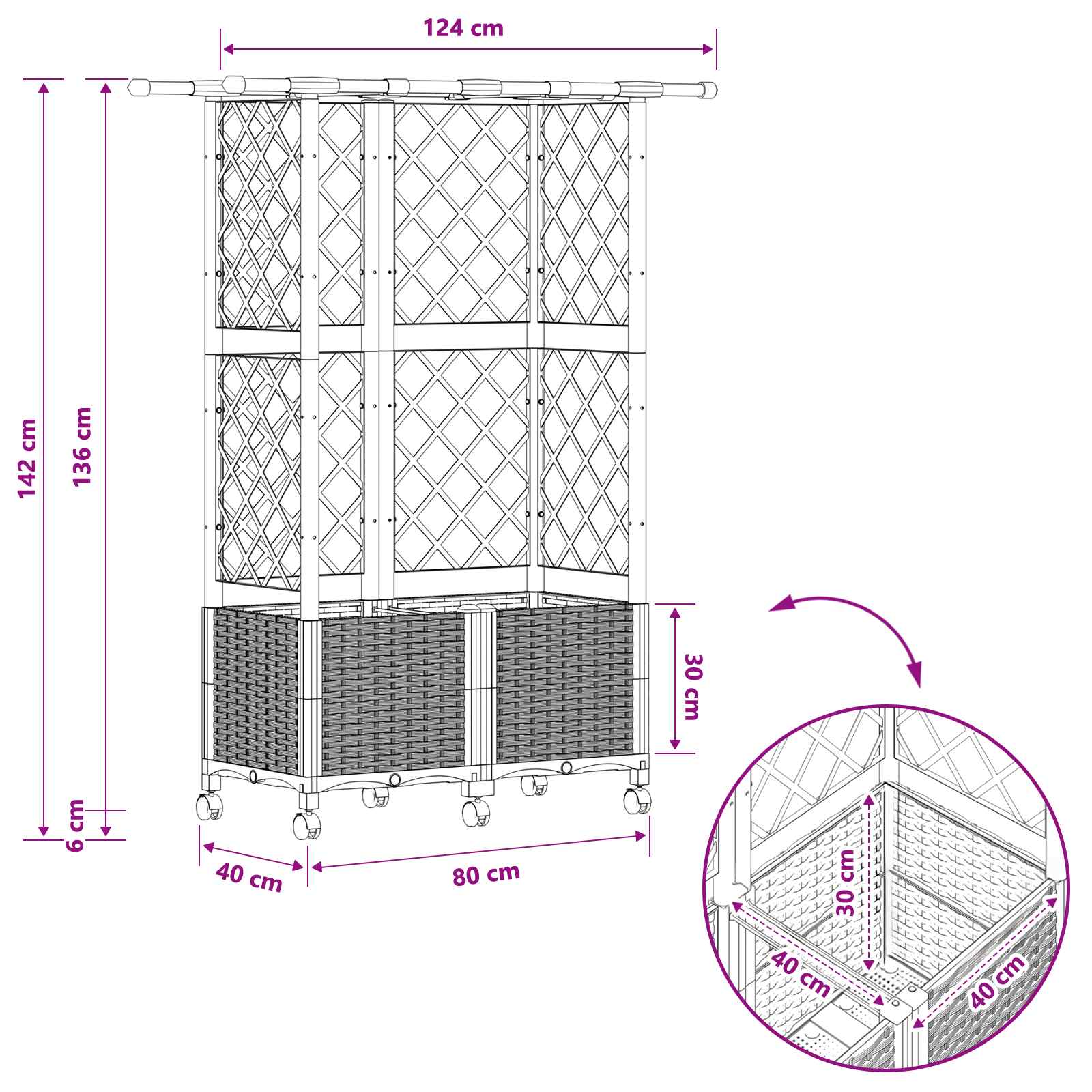 Verhoogd Bed met Trellis en Dak Zwart 124 x 40 x 142 cm PP image 9