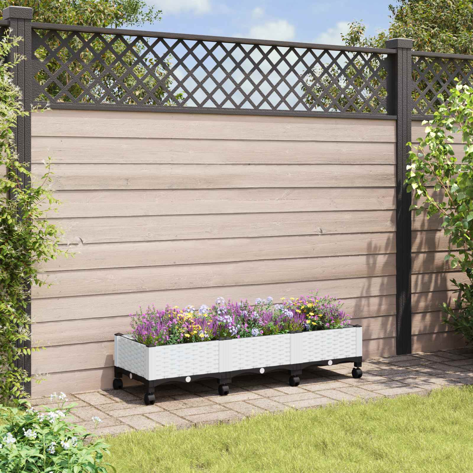 Vrtni cvetlični lonček s kolesi Bela 120 x 40 x 33 cm PP
