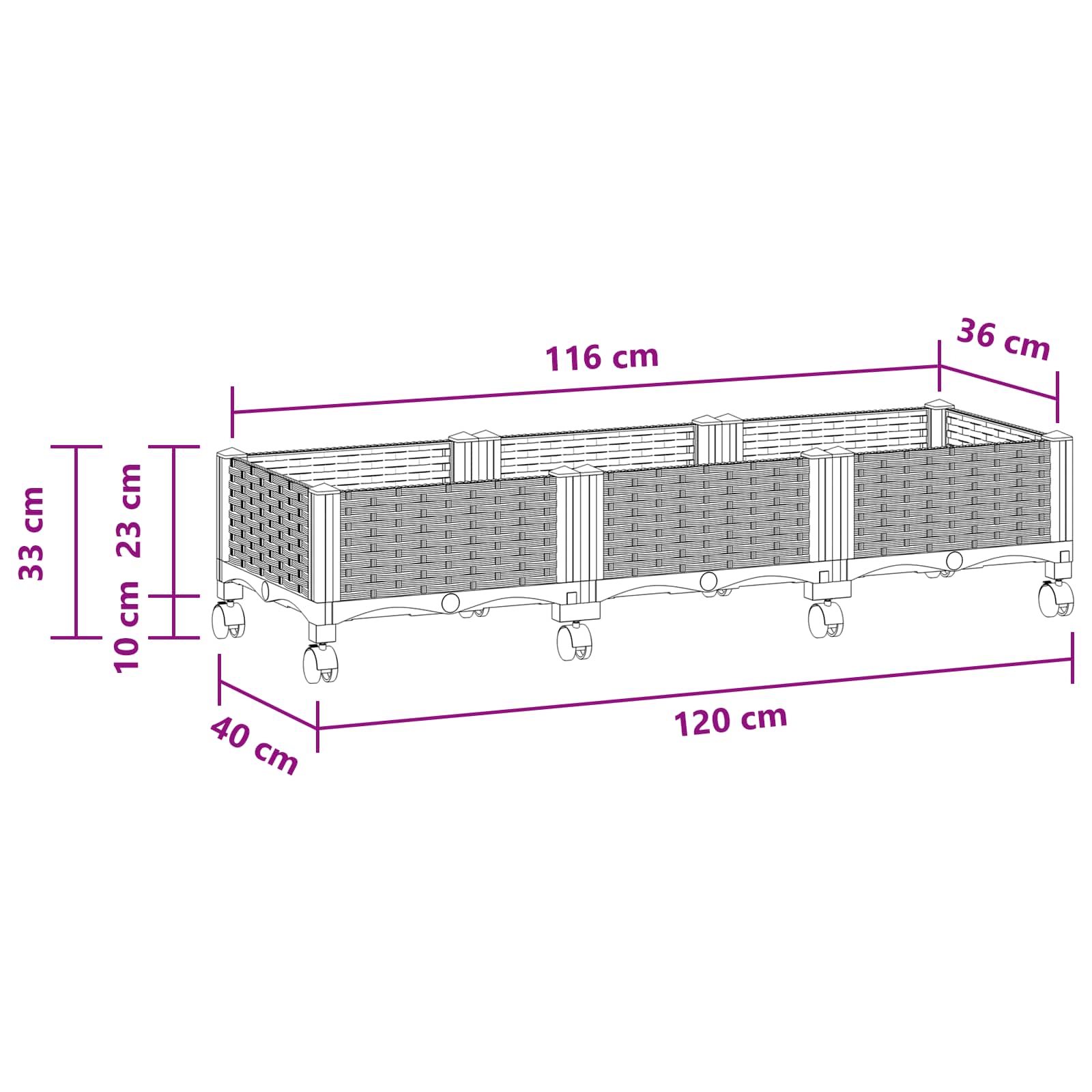 Vrtni cvetlični lonček s kolesi Bela 120 x 40 x 33 cm PP - slika 8
