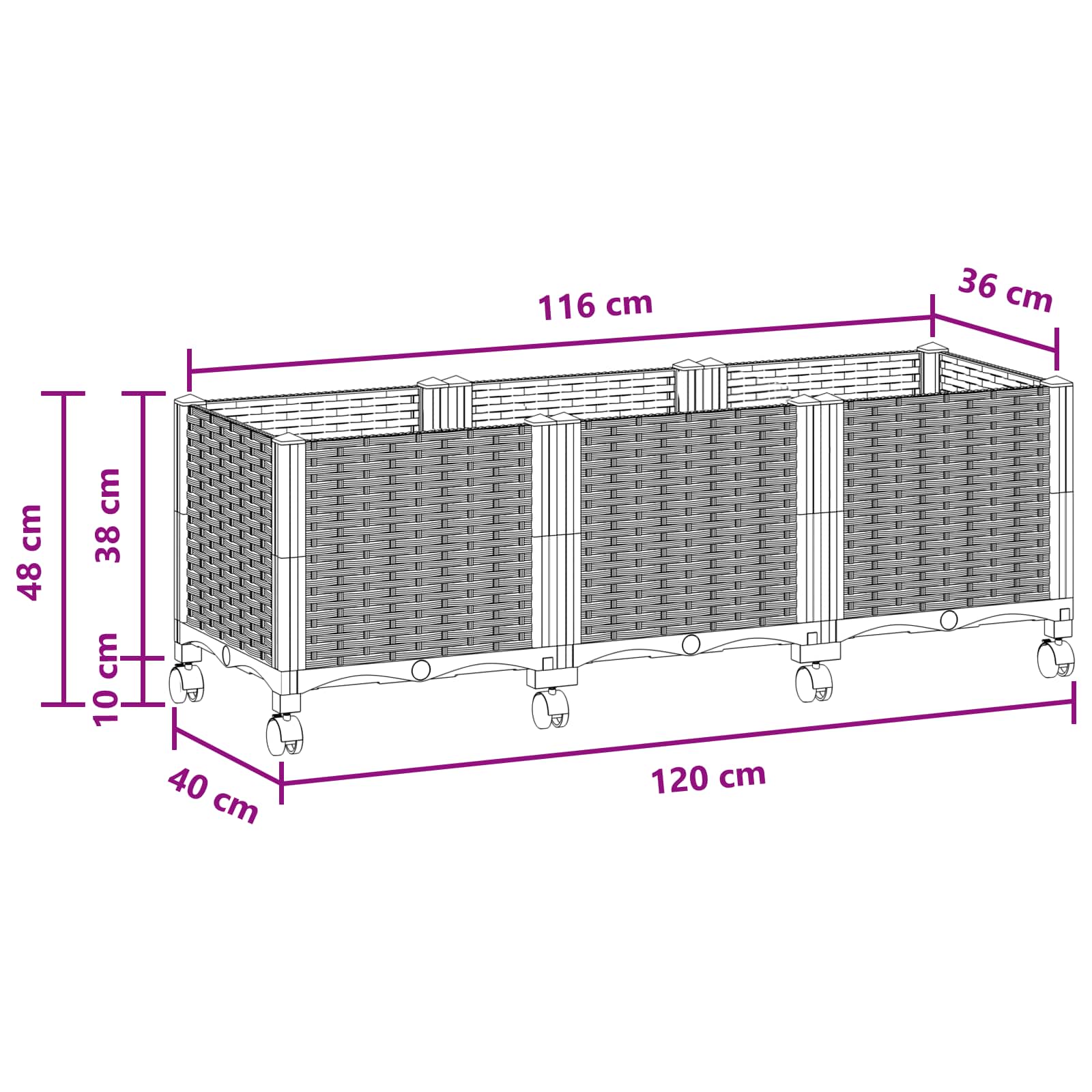 Vrtni cvetlični lonček s kolesi Rjava 120 x 40 x 44 cm PP - slika 8