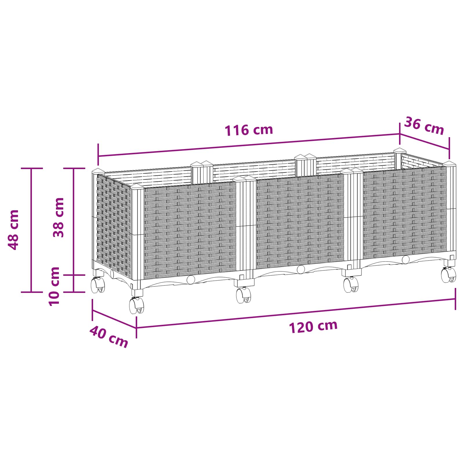 Vrtni cvetlični lonček s kolesi Bela 120 x 40 x 48 cm PP - slika 8