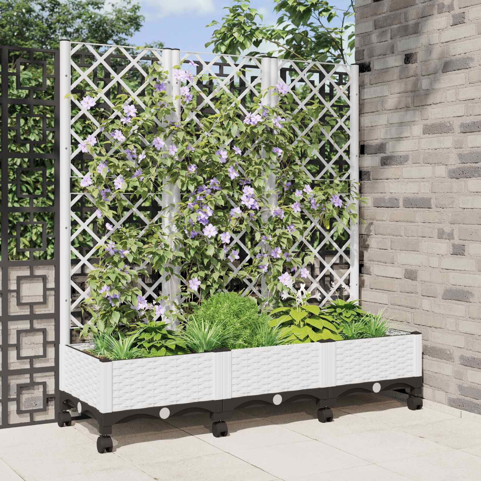 vidaXL Vază de gradină cu spalier și roți Alb 120 x 40 x 131,5 cm PP