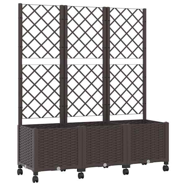 vidaXL Aia istutuskast trellise ja ratastega Pruun 120 x 40 x 146 cm