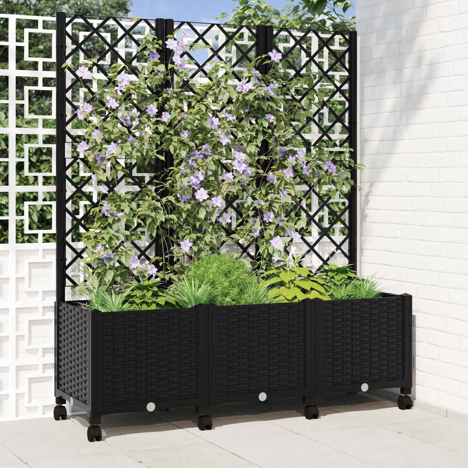 Tuinplantbak met schutting en wielen Zwart 120 x 40 x 146 cm PP image 1
