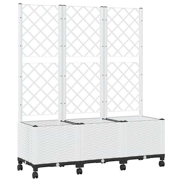 vidaXL Aia istutuskast trellise ja ratastega Valge 120 x 40 x 146 cm
