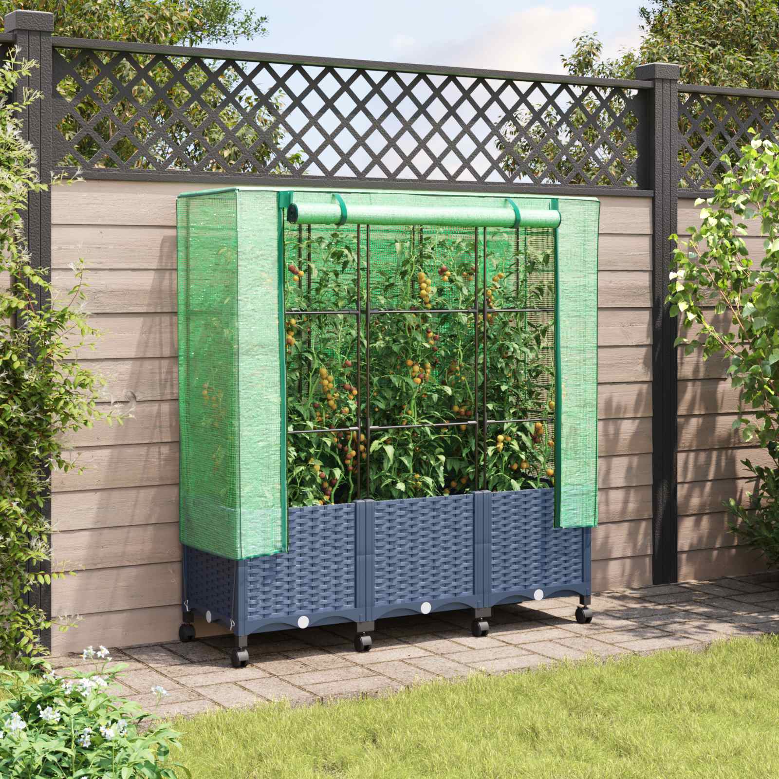 Tuinplantenbak met Kasbedekking en Wielen 3 st Blauw Grijs PP image 1