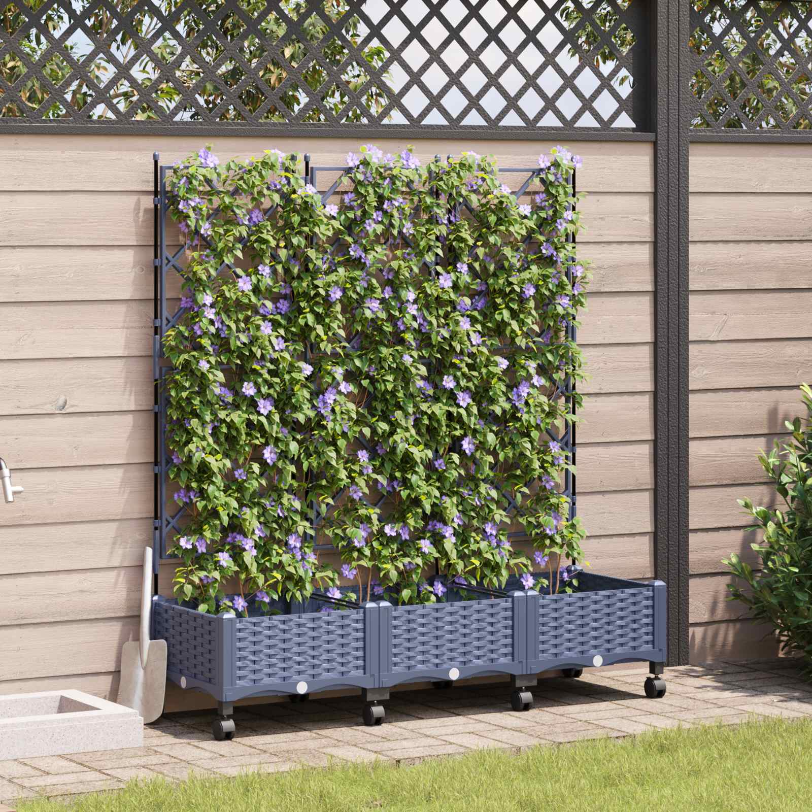 Tuinplantbak met schutting en wielen 3 st Grijs PP image 1