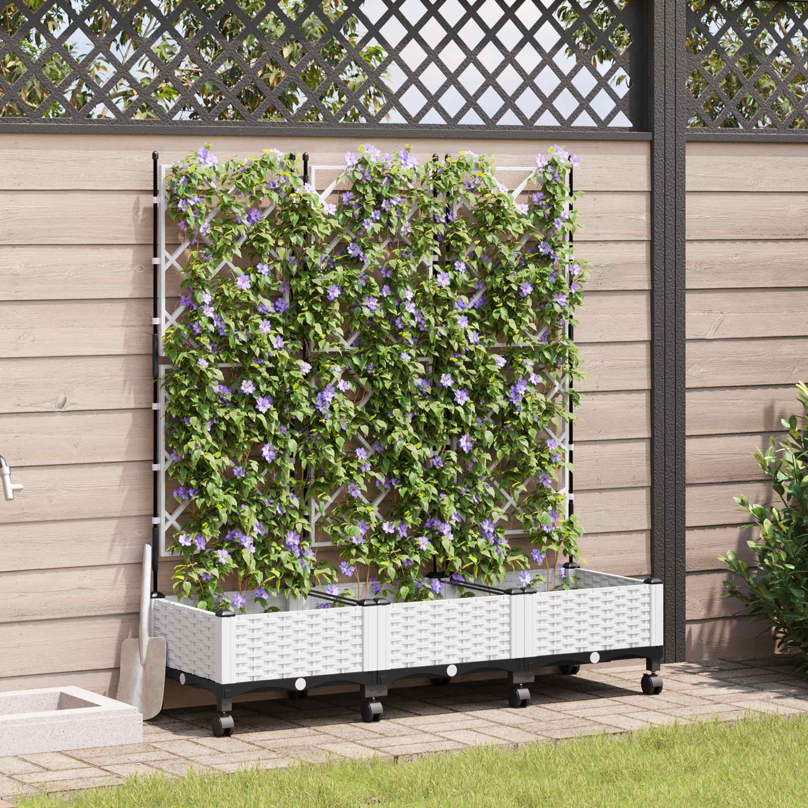 Tuinplantbak met schutting en wielen 3 st Wit PP image 1