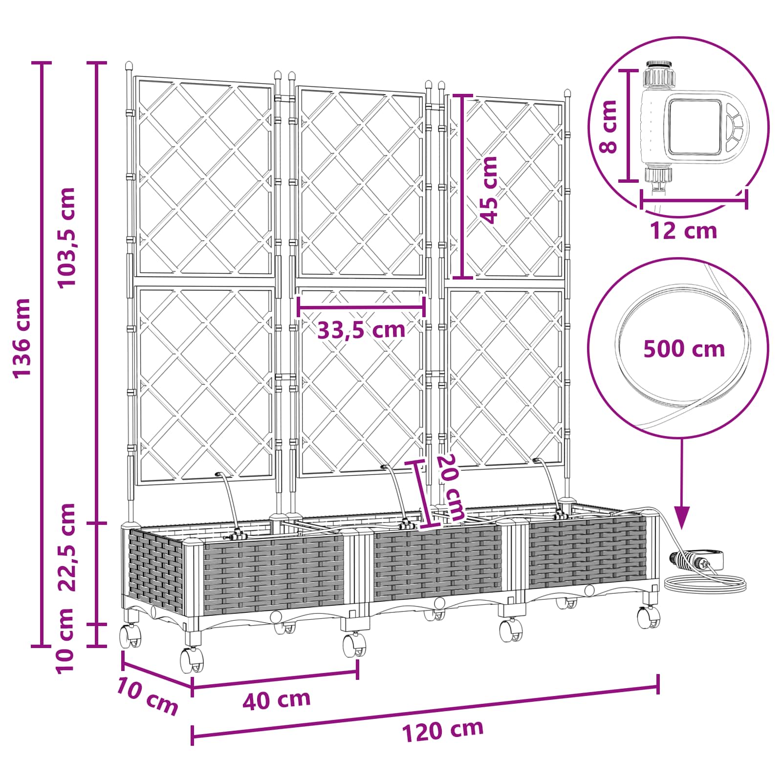 Tuin Pot met Irrigatie en Wielen 3 st Grijs 120 x 40 x 132 cm image 8