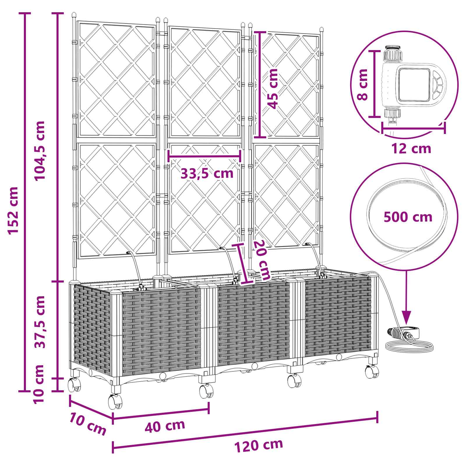 Tuin Pot met Irrigatie en Wielen 3 st Bruin 120 x 40 x 148 cm image 8