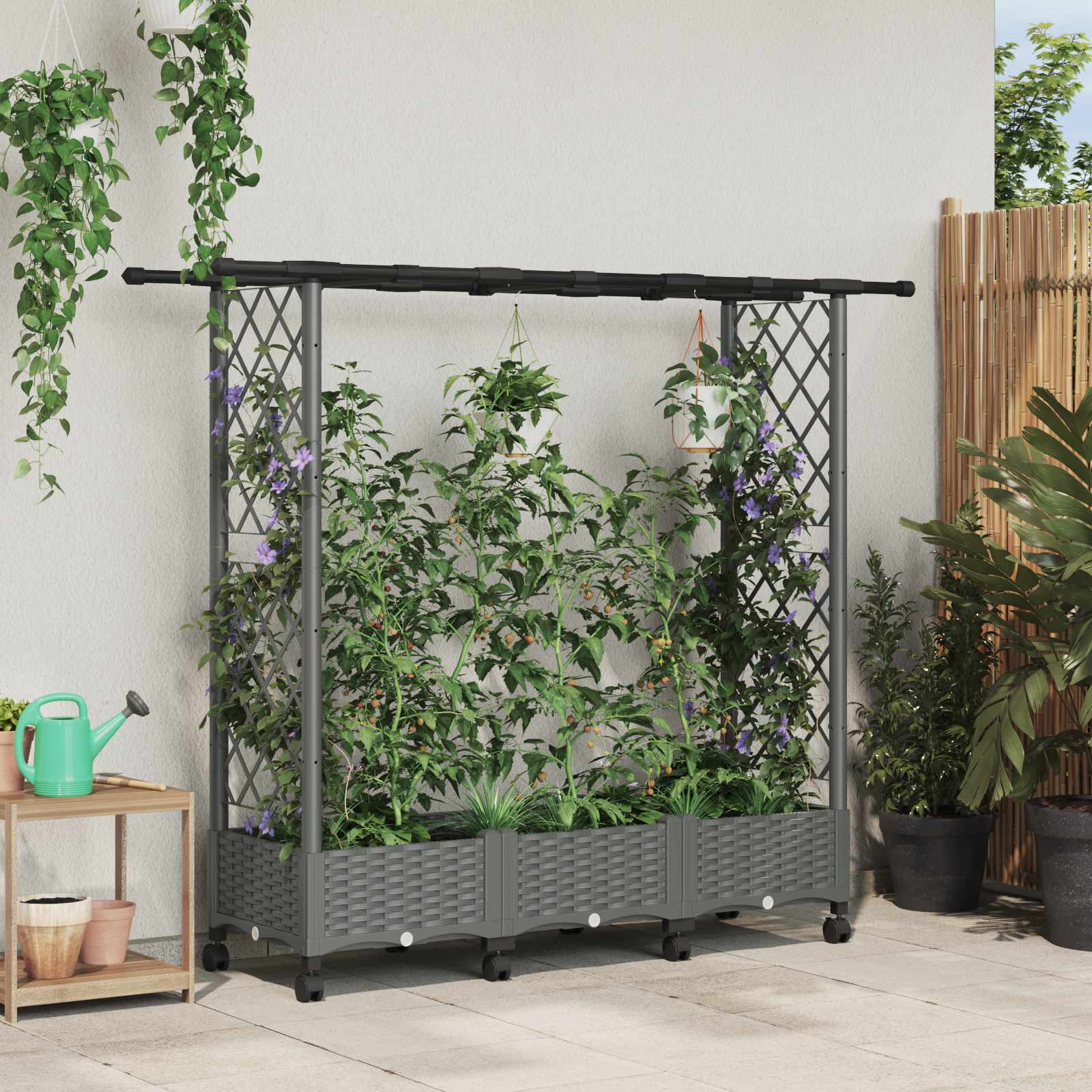 Verhoogd Bed met Trellis en Dak Lichtgrijs 164 x 40 x 127 cm PP image 1