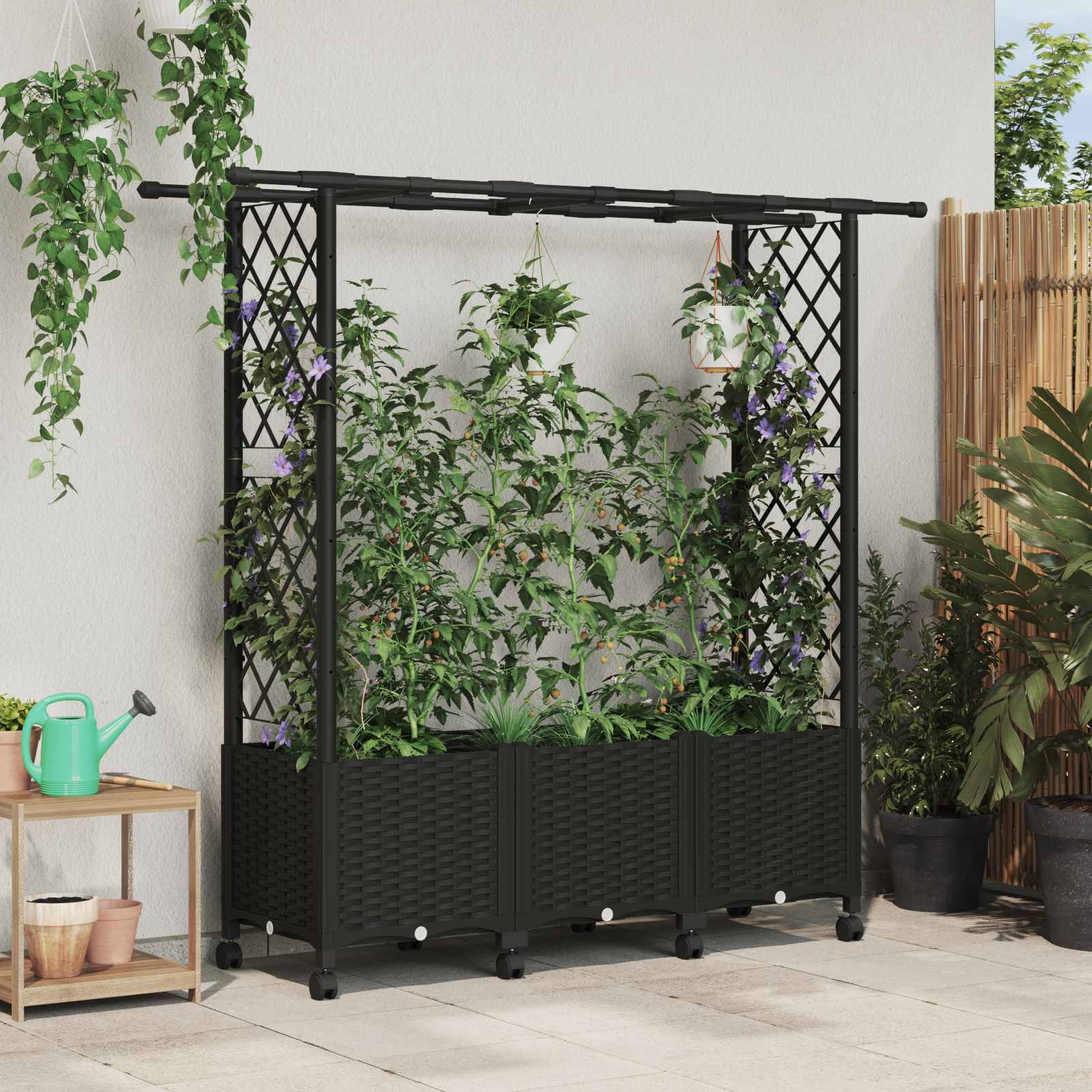 Verhoogd Bed met Trellis en Dak Zwart 162,5 x 40 x 142 cm PP image 1
