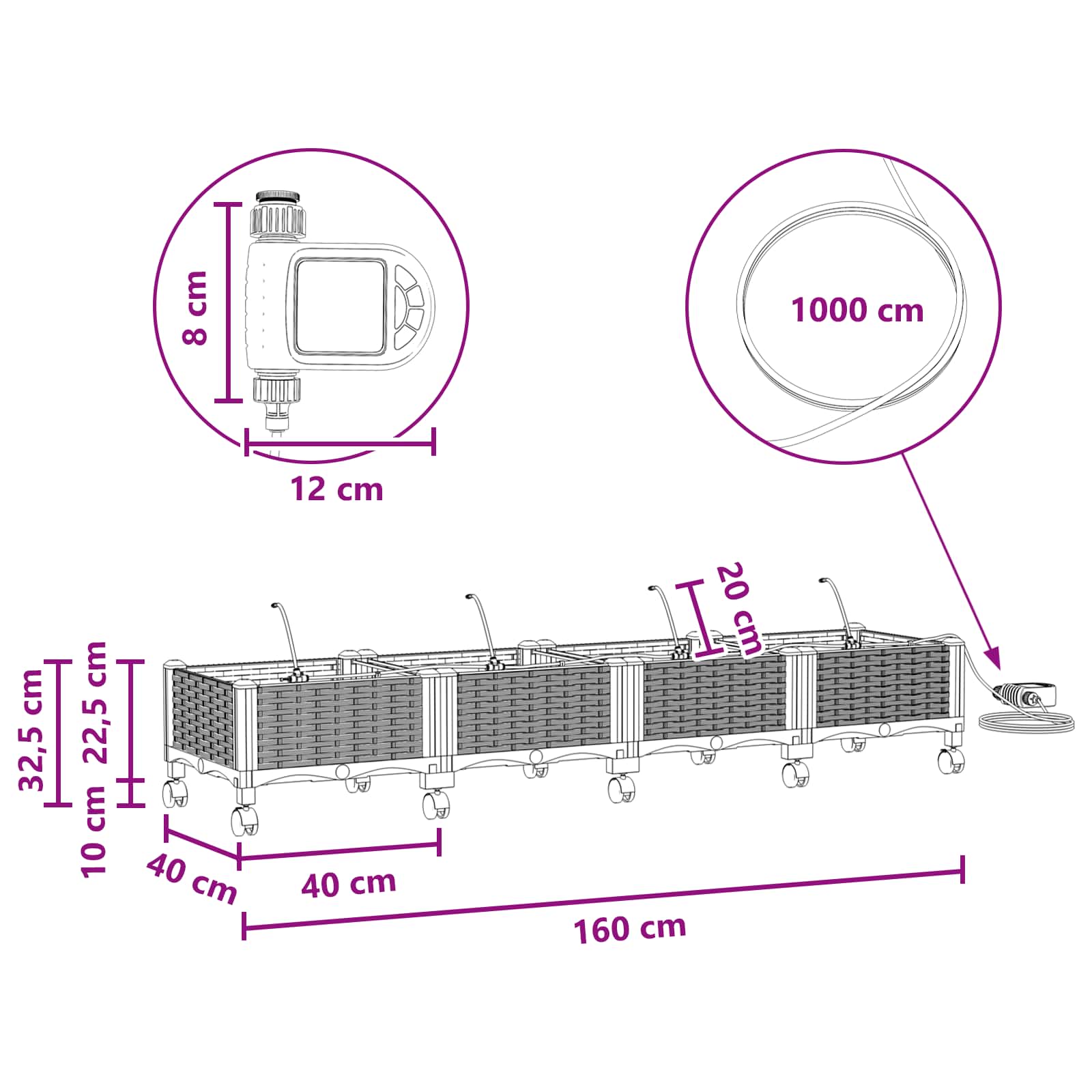Tuin Pot met Irrigatie en Wielen 4 st Zwart 160 x 40 x 28 cm PP image 8