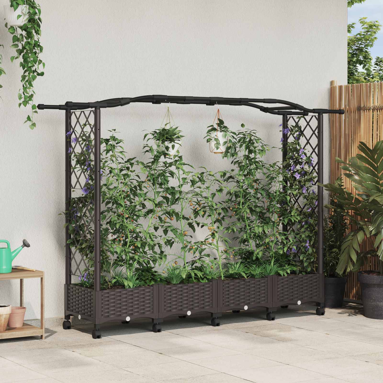 vidaXL Pat Ridicat cu Trellis și Acoperiș Maro 207 x 40 x 129 cm PP
