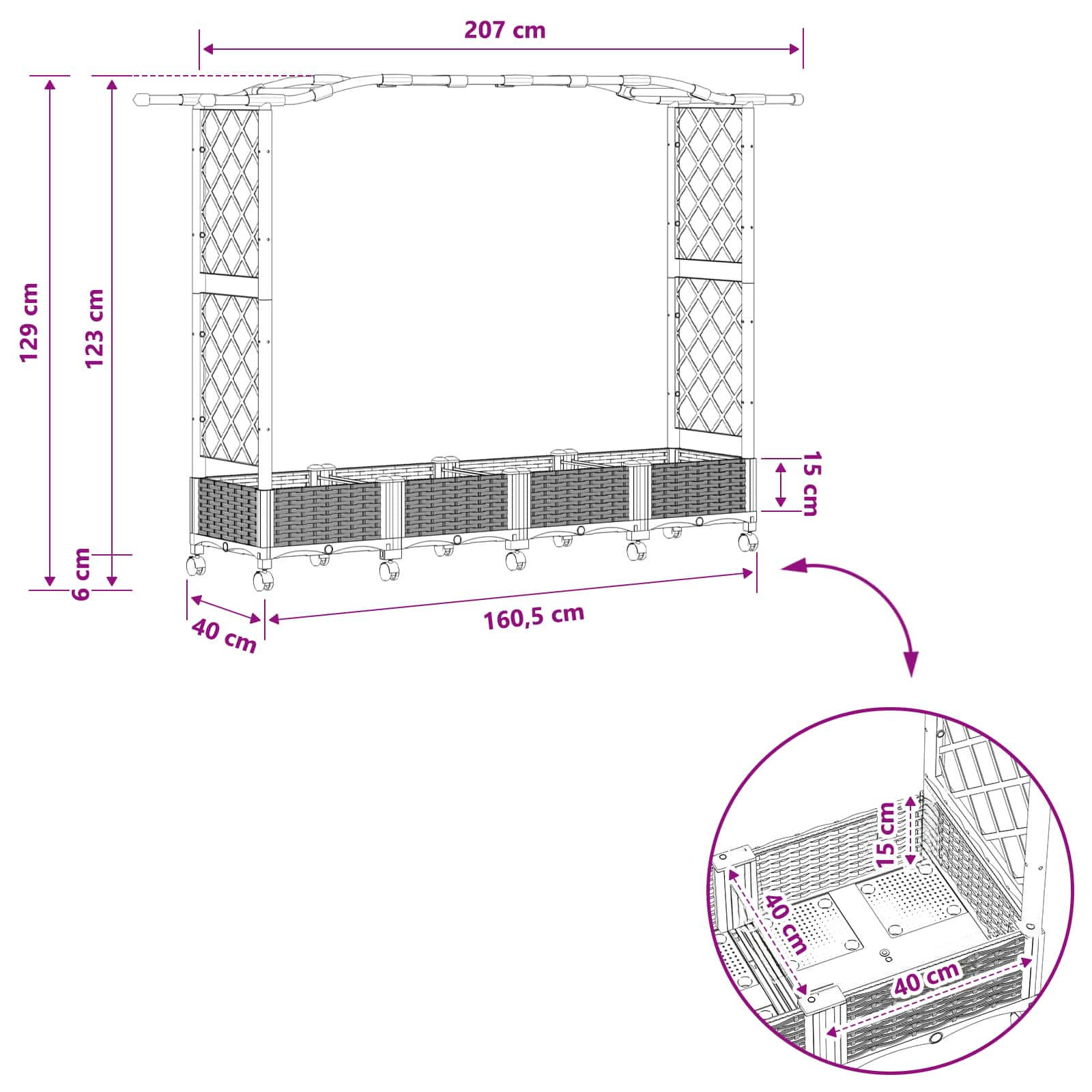 Verhoogd Bed met Trellis en Dak Zwart 207 x 40 x 129 cm PP image 9