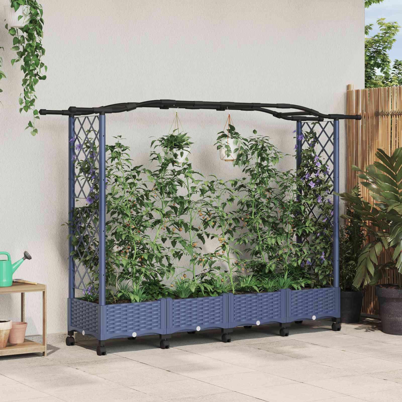 vidaXL Pat Ridicat cu Trellis și Acoperiș Gri 207 x 40 x 129 cm PP