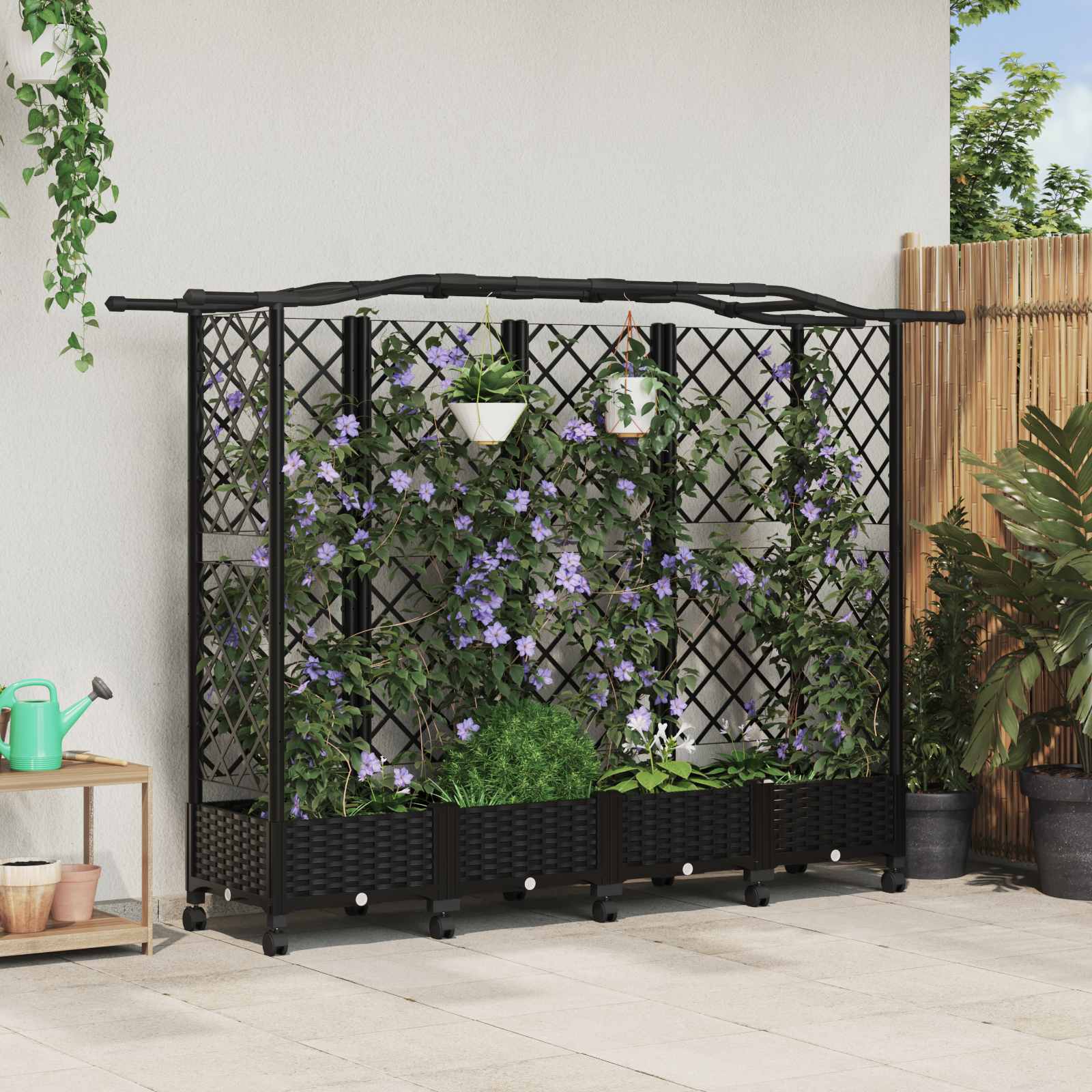 vidaXL Pat Ridicat cu Trellis și Acoperiș Negru 203,5 x 40 x 129 cm PP