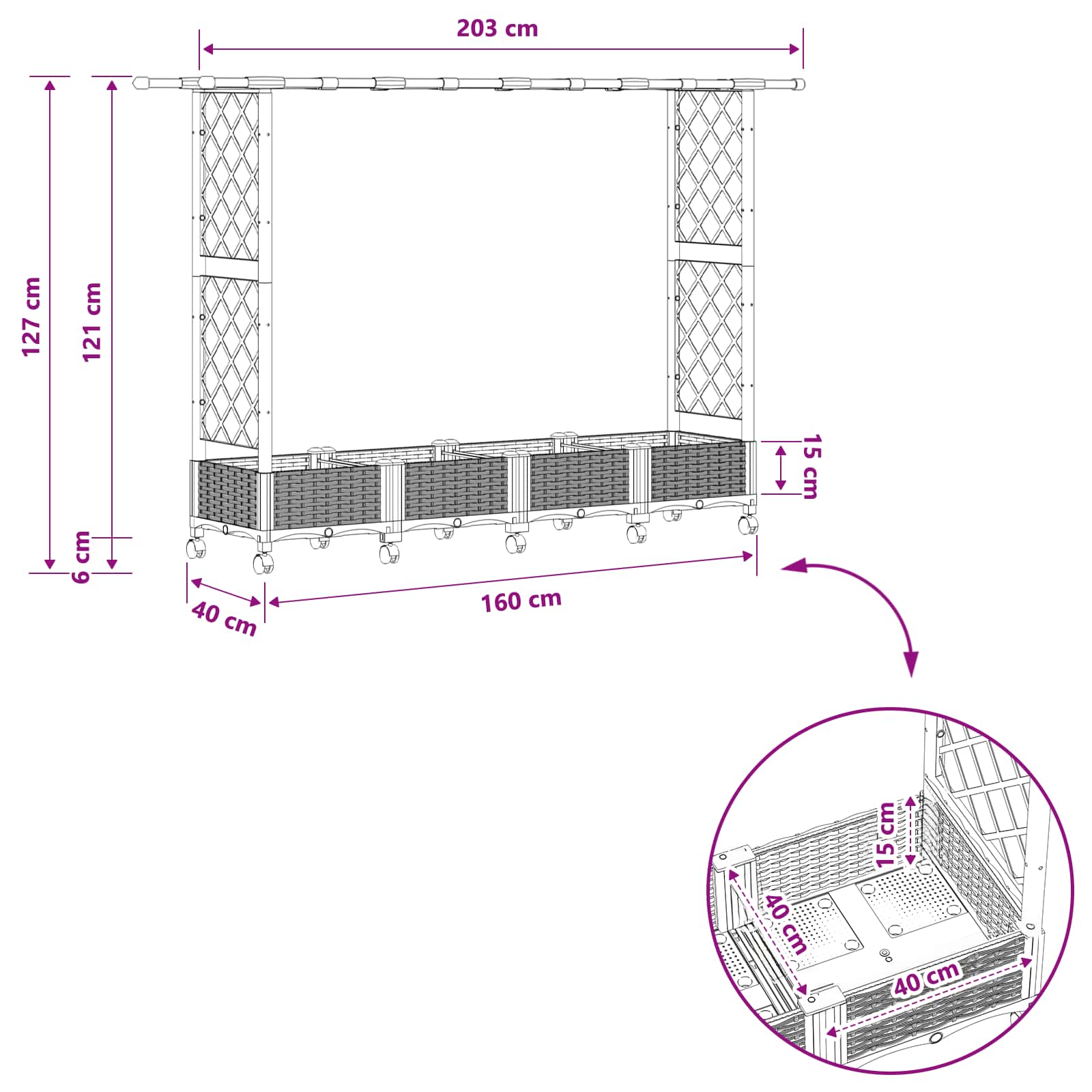 Verhoogd Bed met Trellis en Dak Grijs 203 x 40 x 127 cm PP image 9