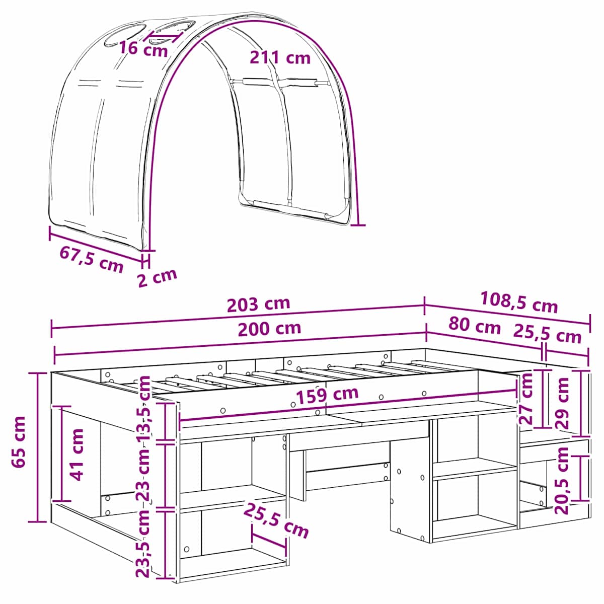 Seng med Tunnel 3 stk. Konstrueret træ - Billede 11