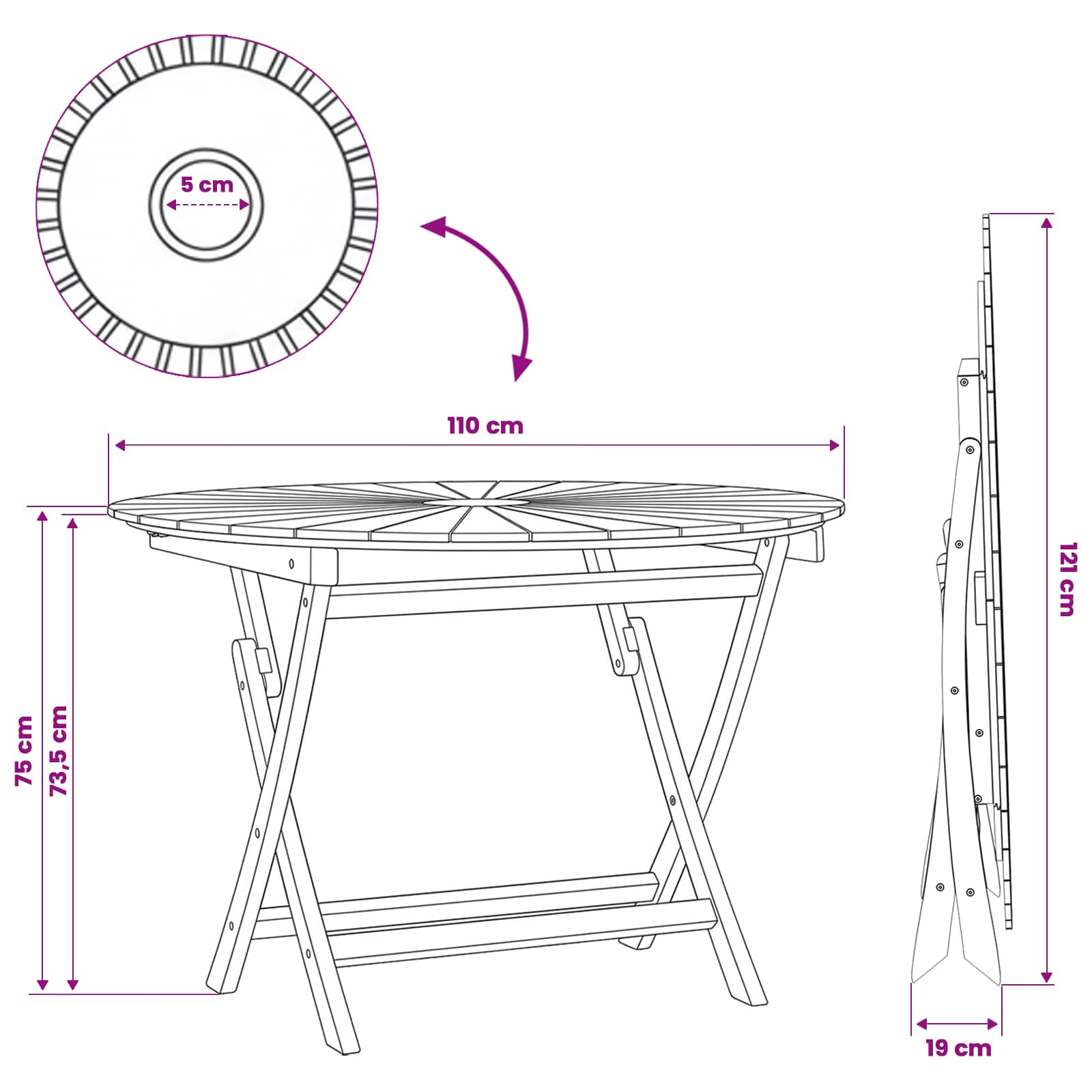 Opklapbare tuintafel Naturel Ø 110 x 75 cm Massief Teakhout image 8