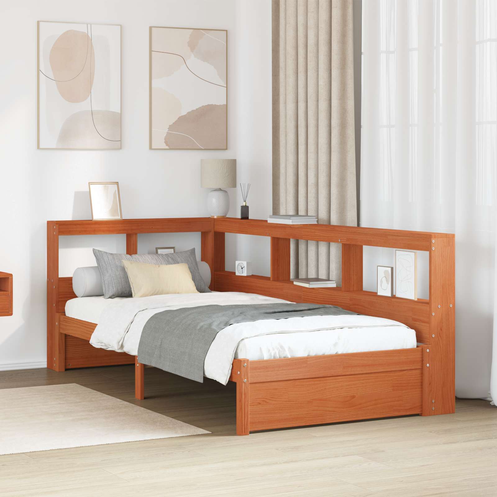 vidaXL Pat bibliotecă cu headboard cu depozitare Lemn de pin masiv