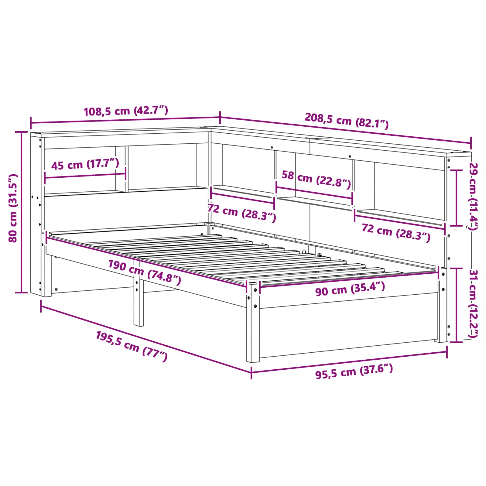 Boekenkast Bed met hoofdeinde met opslag Massief Vurenhout image 12
