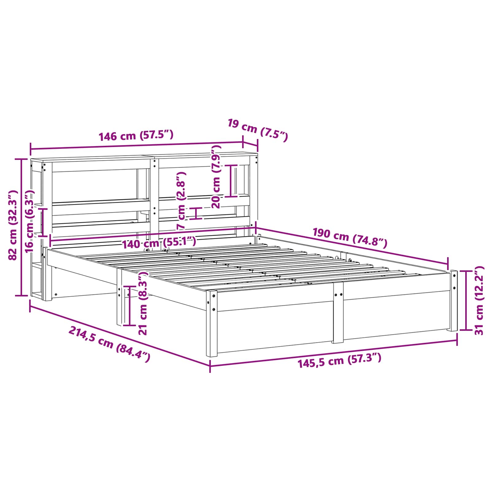 Bedframe met hoofdeinde met opslag Wasbruin Massief Vurenhout image 12