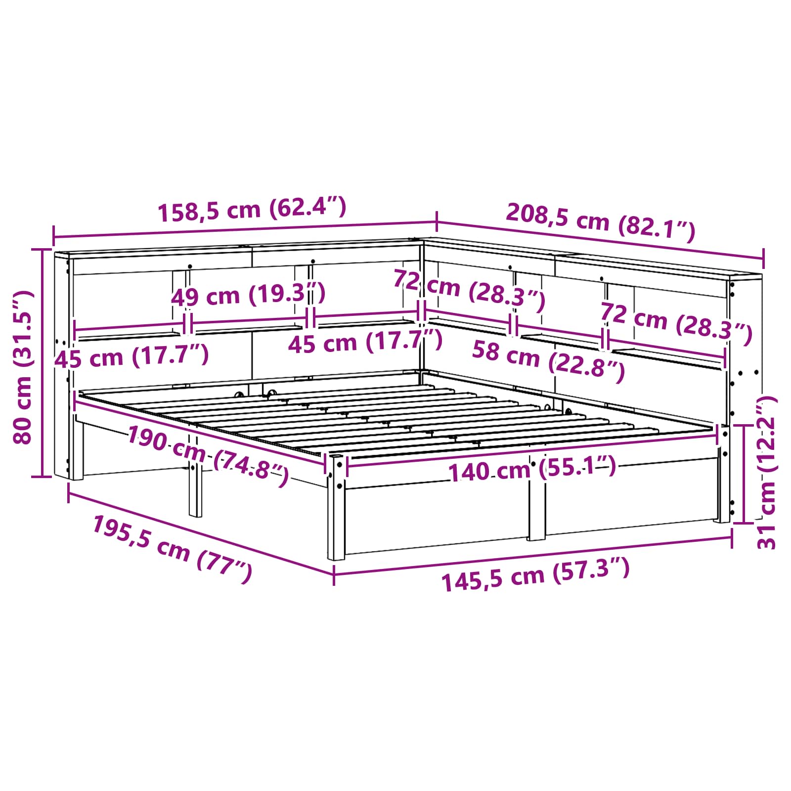 Boekenkast Bed met hoofdeinde met opslag Massief Vurenhout image 12