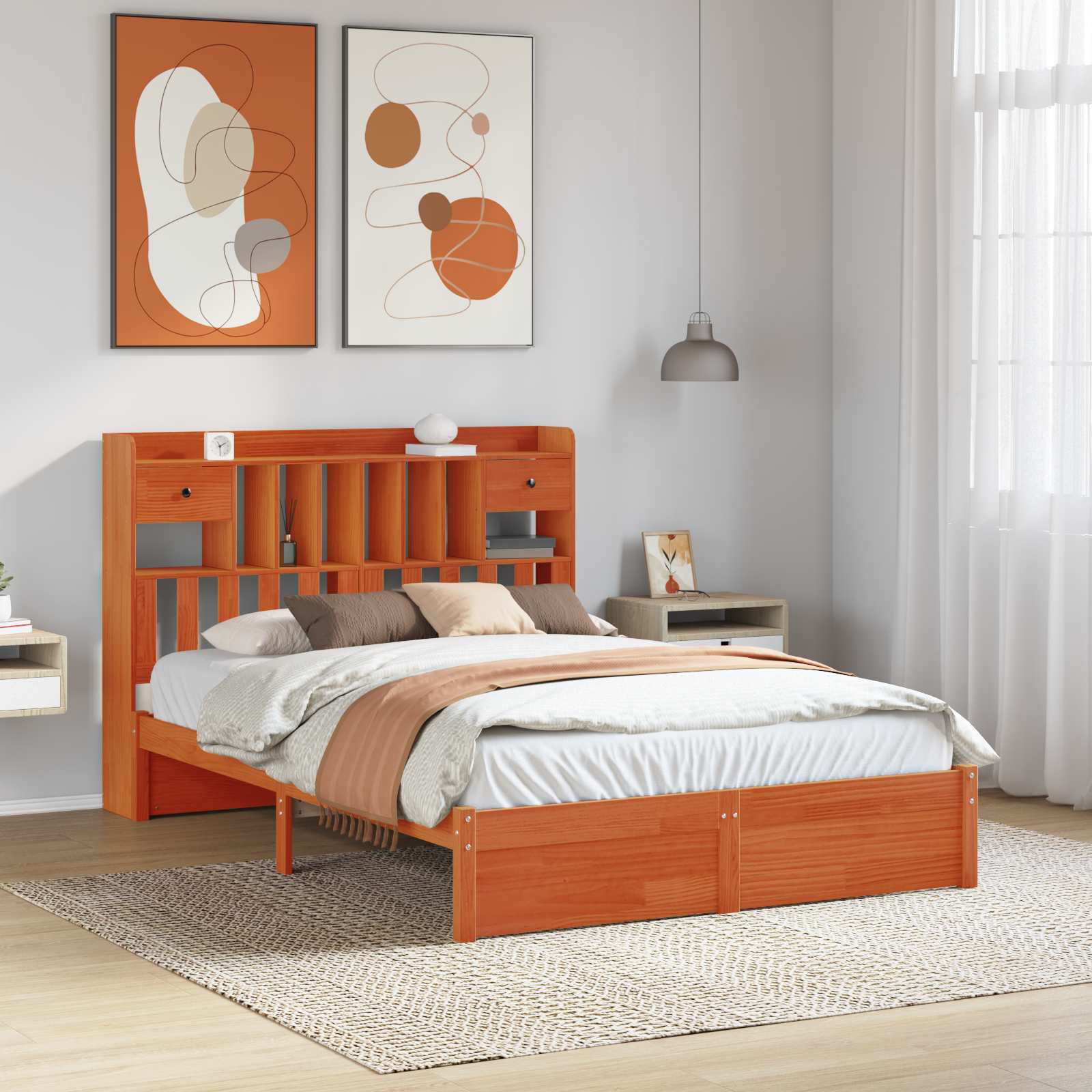 Boekenkast Bedframe met hoofdeinde met lade Massief Vurenhout image 1