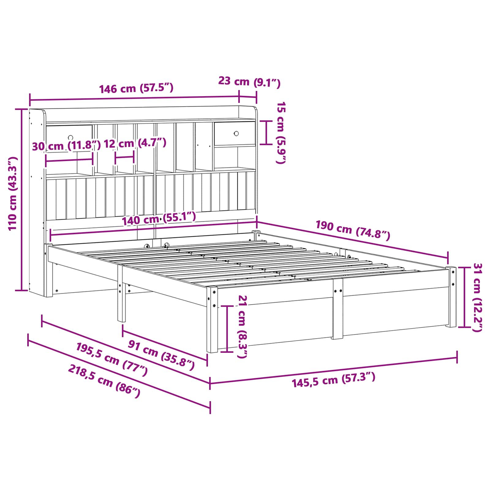 Boekenkast Bedframe met hoofdeinde met lade Massief Vurenhout image 10