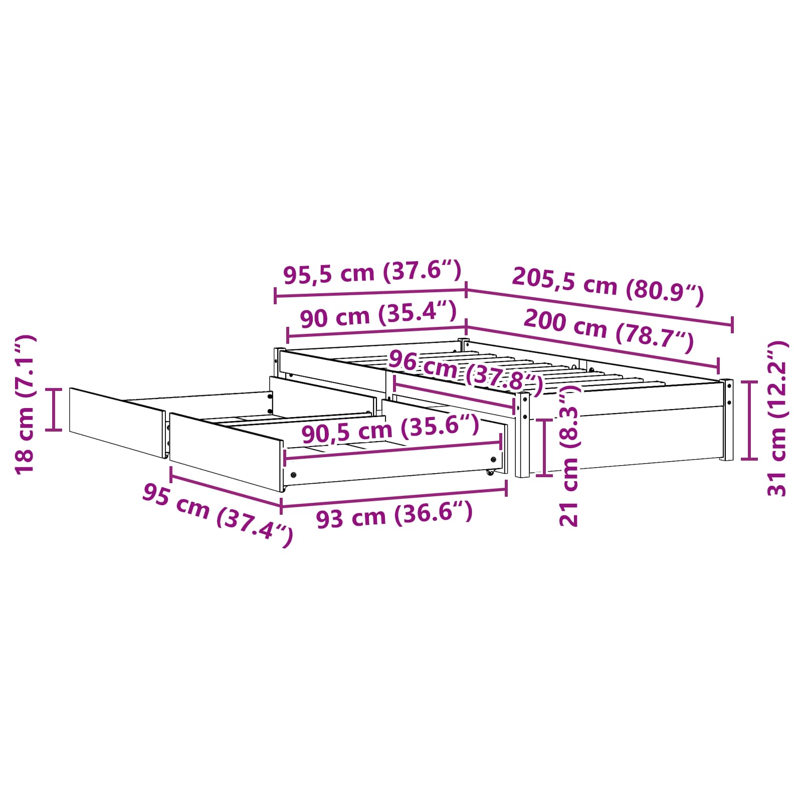 Sängyn runko laatikon kanssa 3 pcs Vaha ruskea Mänty - Image 10