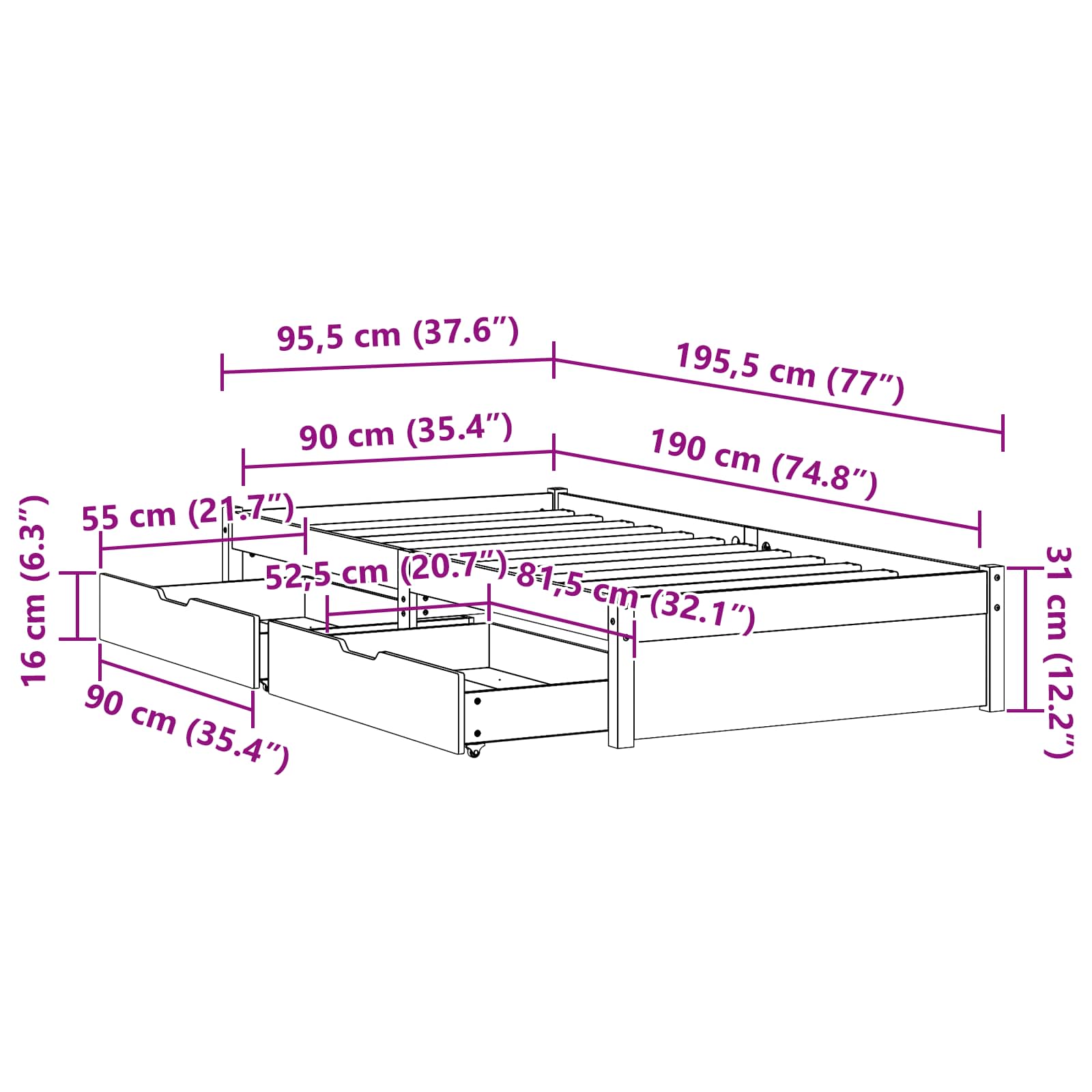 Bedframe met lade met opslag Wasbruin Massief Vurenhout image 12