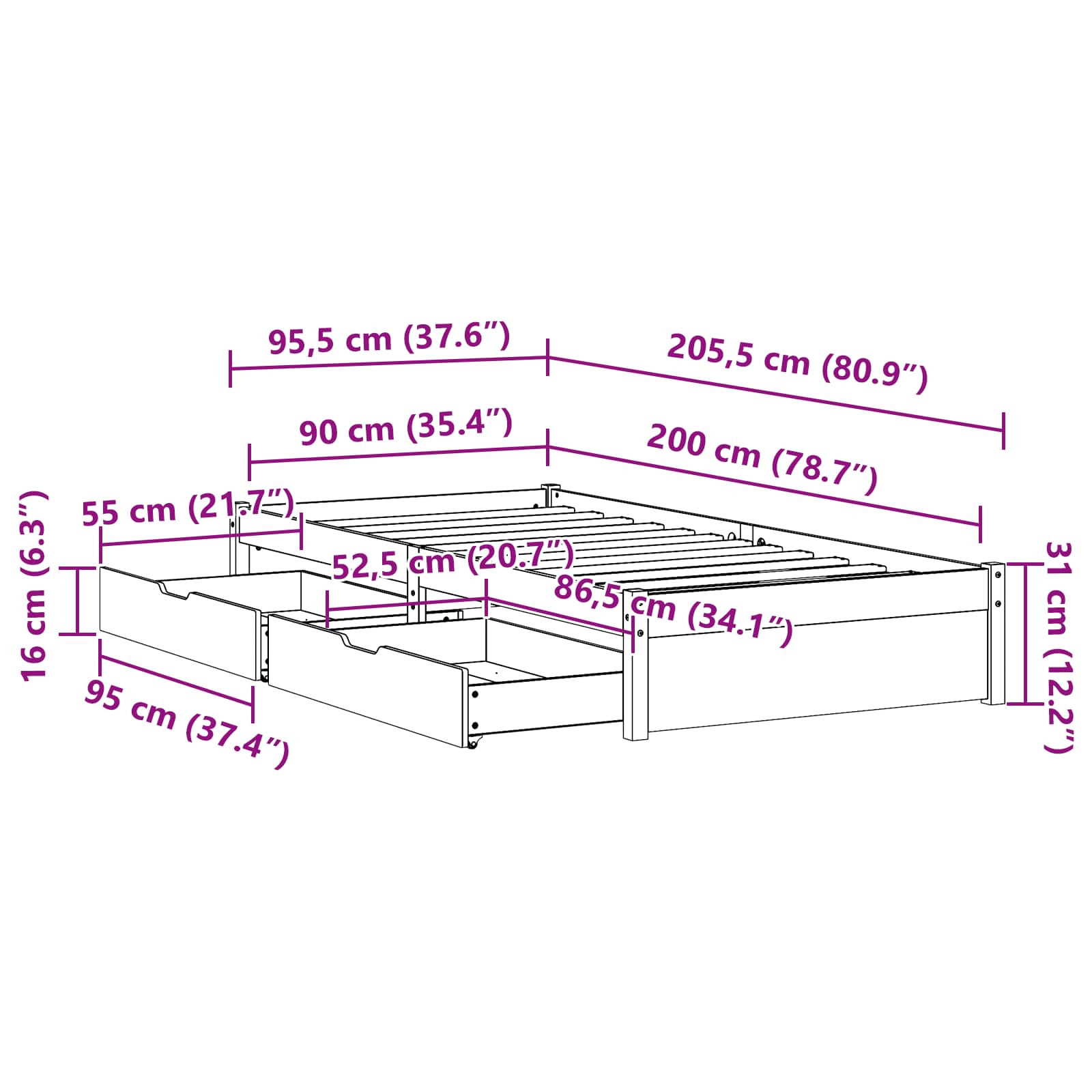 Bedframe met lade met opslag Wasbruin Massief Vurenhout image 12